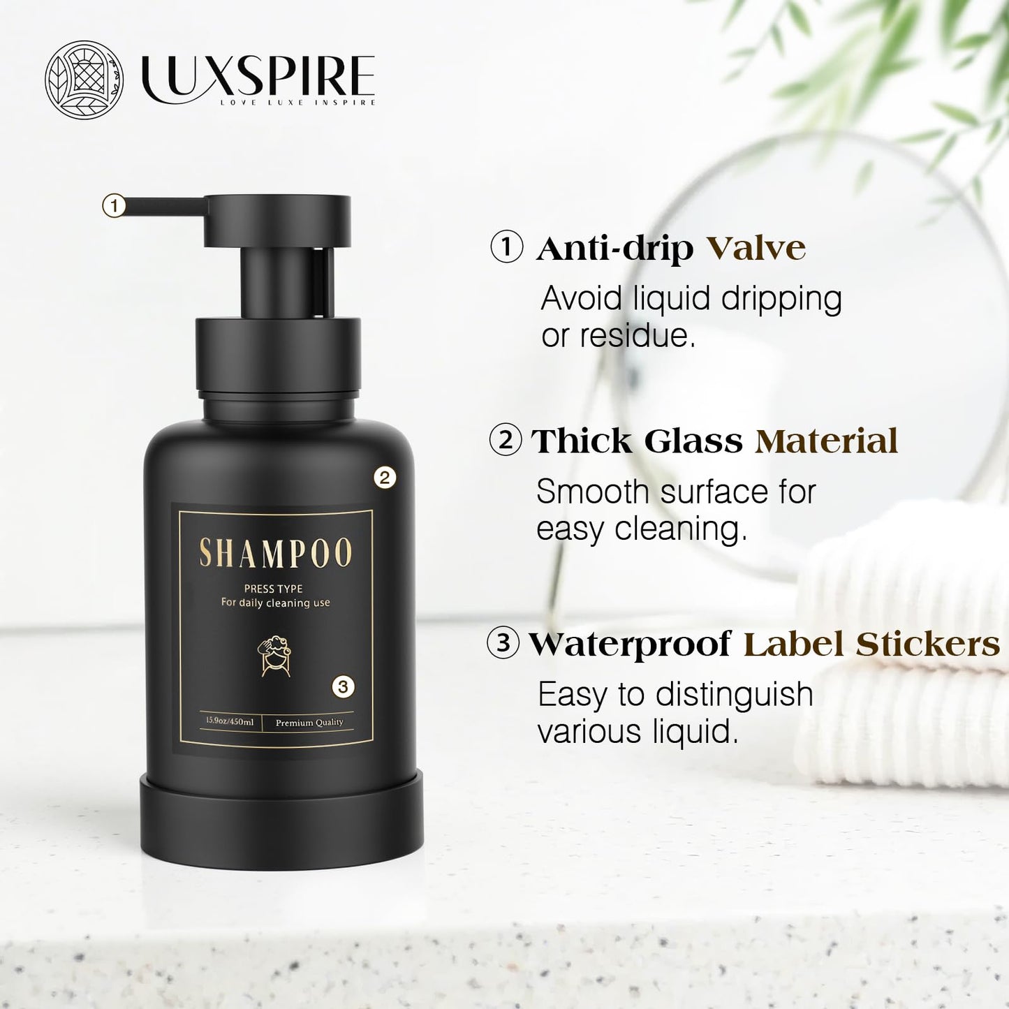 Luxspire Foaming Soap Dispenser 15oz Hand Soap Bottle, Black+White, 2 Pack
