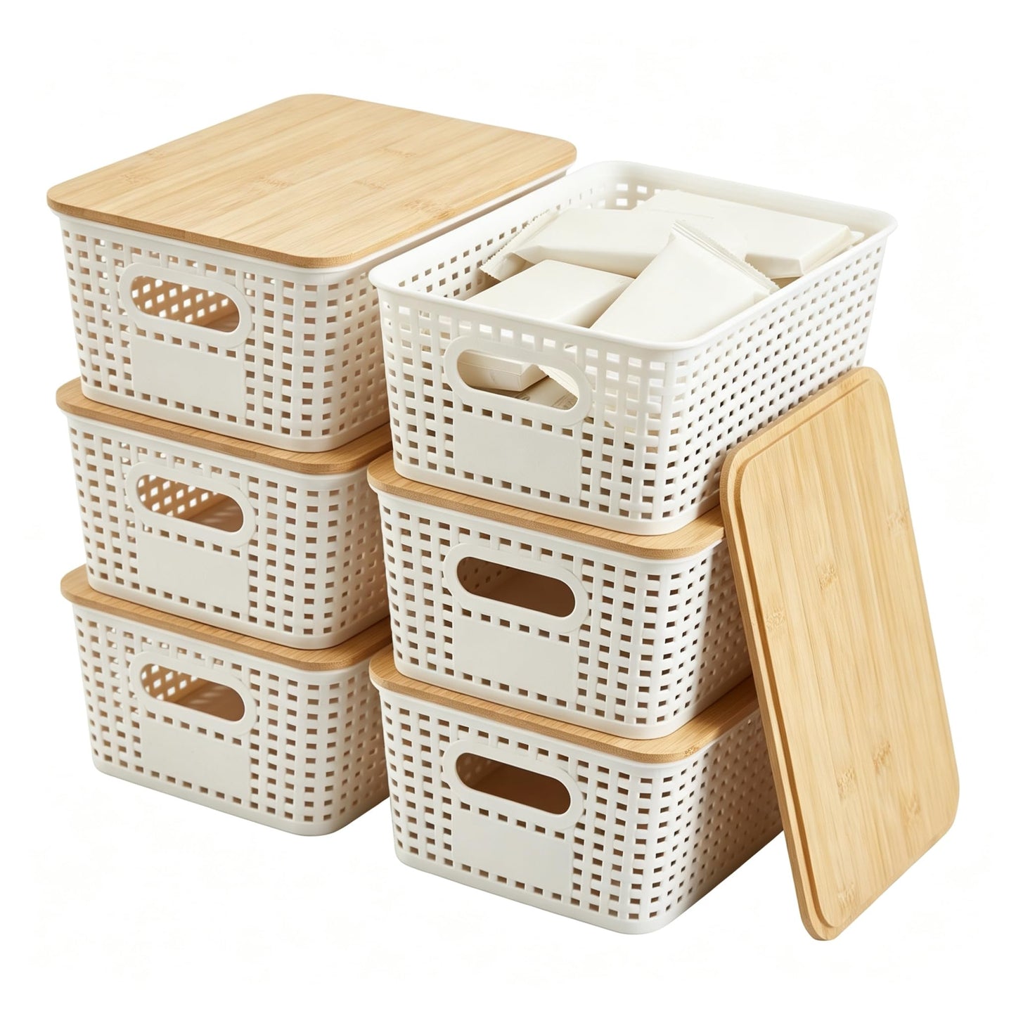 Sagittar Set of 6 Storage Boxes with Bamboo Lid, Imitation Rattan Plastic Storage Basket, Stackable Storage Bins, Ideal for Kitchen, Bathroom, Office
