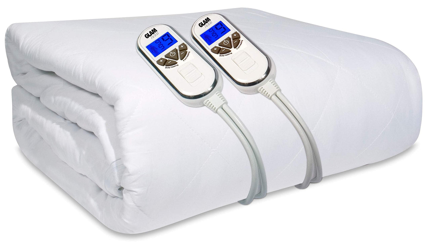 GlamHaus Double Size Electric Blanket - Fitted Mattress Bed Cover - Premium White Diamond Quilted - 9 Heat Settings for Feet and Body, Timer, Dual
