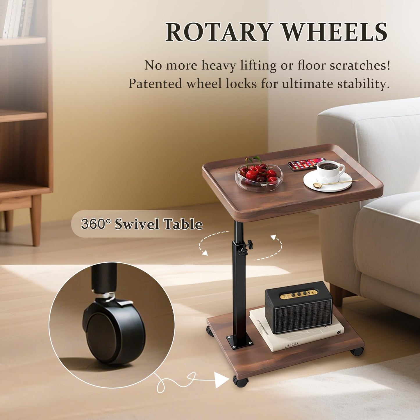 C Table End Table Adjustable Height 360° Swivel TV Tray Table With Wheels