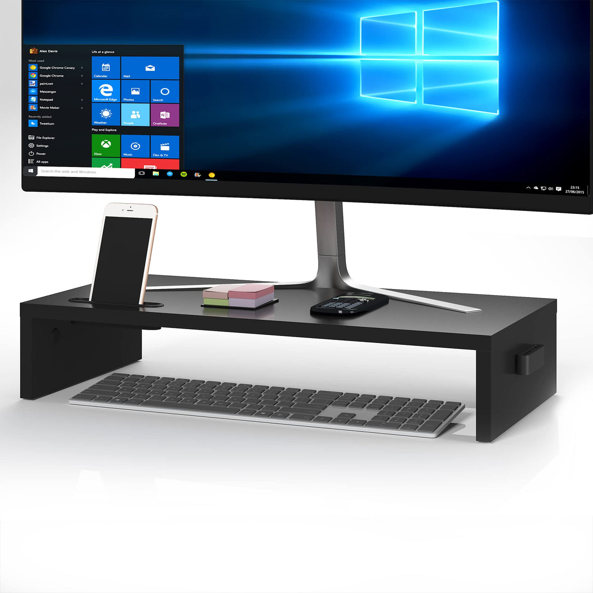 BONTEC Monitor Stand Riser, Wooden Desk Riser for Monitor and Laptop, 540mm Extra Wide PC Stand with Cable Slots, Phone Holder, 30kg Load, Ergonomic