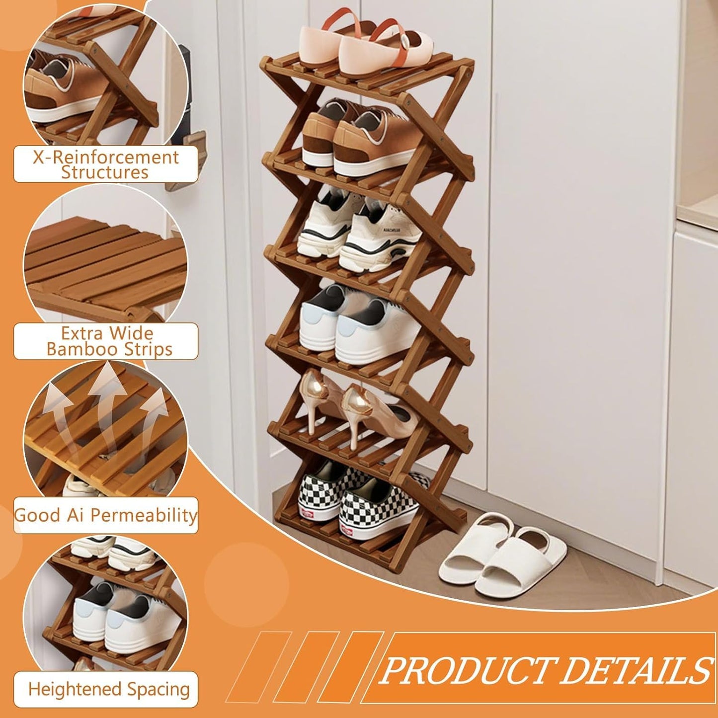 Kiss Me 4-Tier Foldable Bamboo Shoe Rack Narrow Vertical Organizer
