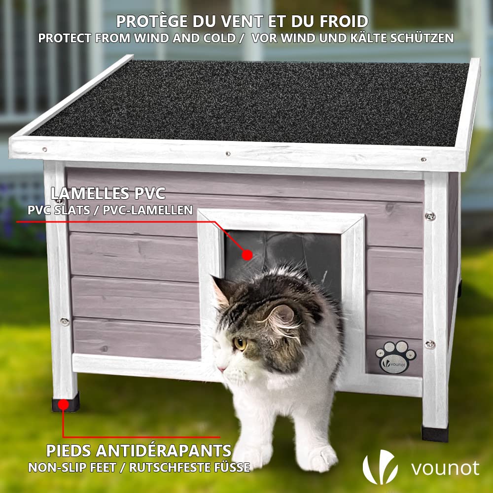 VOUNOT? Cat House Garden Wooden Kitten Home with Water-resistant Openable Roof, Privacy Window Outdoor Pet Shelter 57x45x43cm, Grey