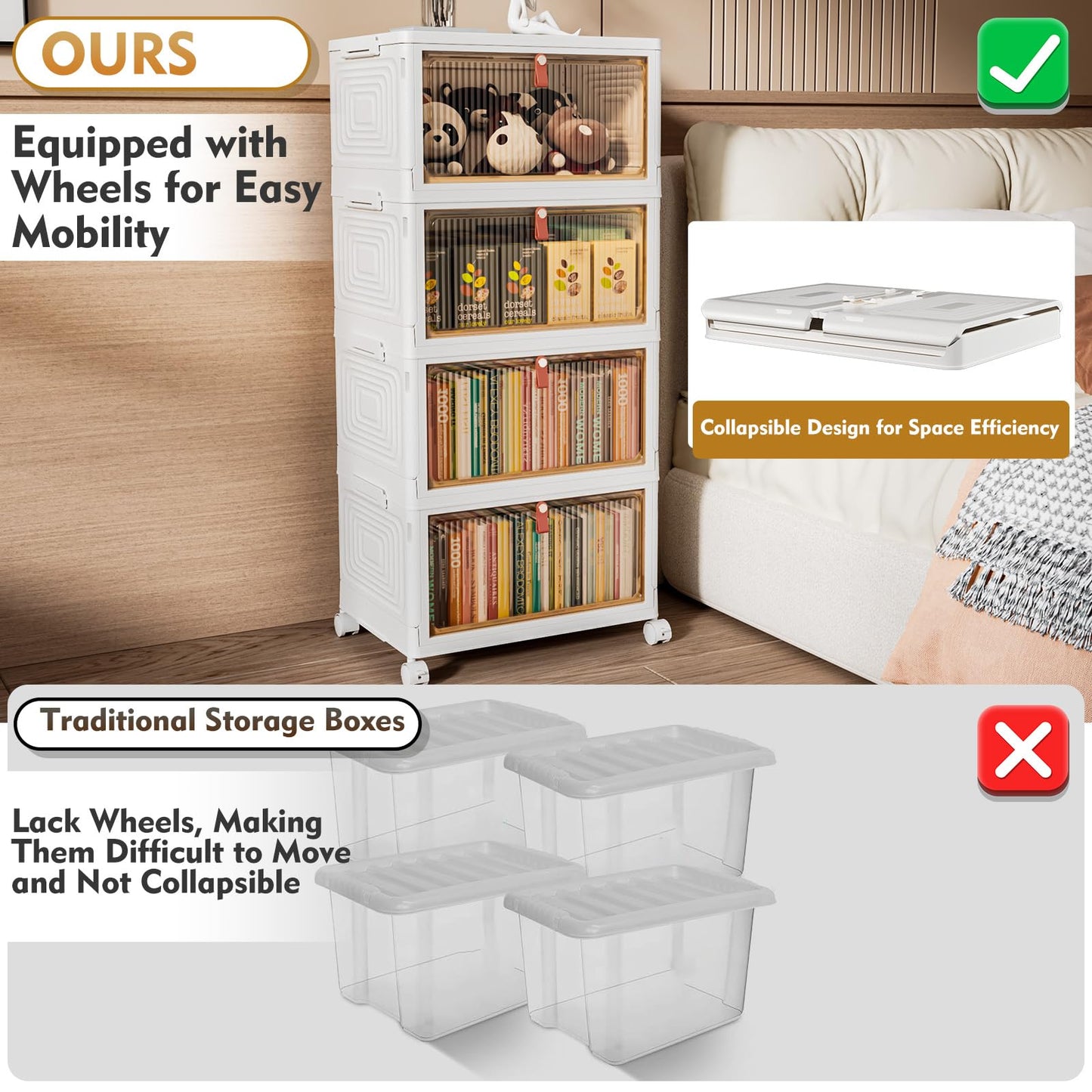 TidyTrove Storage Boxes with Lid, Plastic Storage Boxes with 1 Lid 23L/Tier, 4-Tier Stackable Bins with Wheels, Folding StorageBins, Storage Organizer