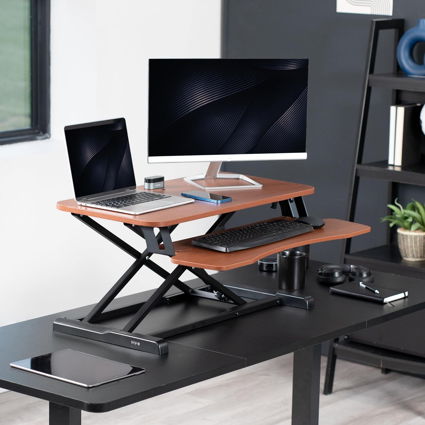 VIVO 81 cm Desk Converter, K Series, Height Adjustable Sit to Stand Riser, Dual Monitor and Laptop Workstation with Wide Keyboard Tray
