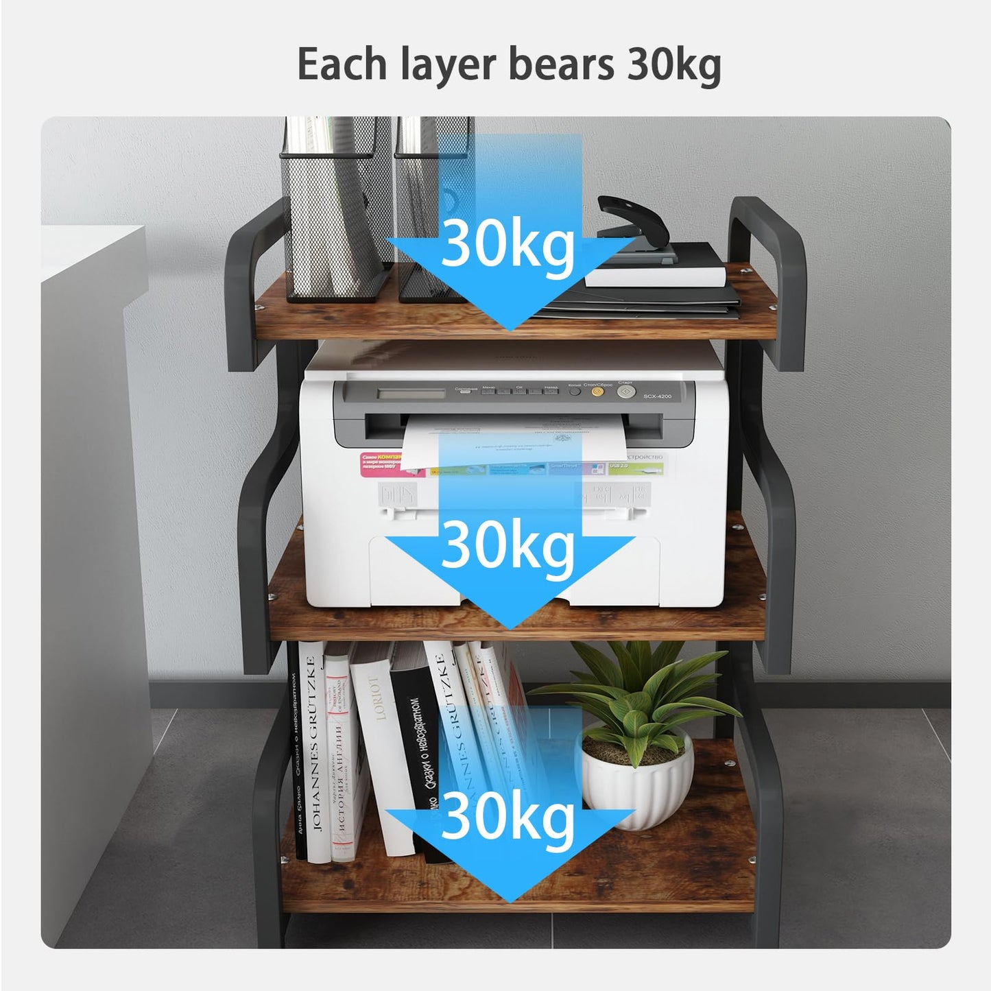 PUNCIA 3-Tier Printer Stand with Storage Movable Printer Table on Wheels Mobile Storage Cart Shelf Rack for Media Player Scanner Files Books Microwave