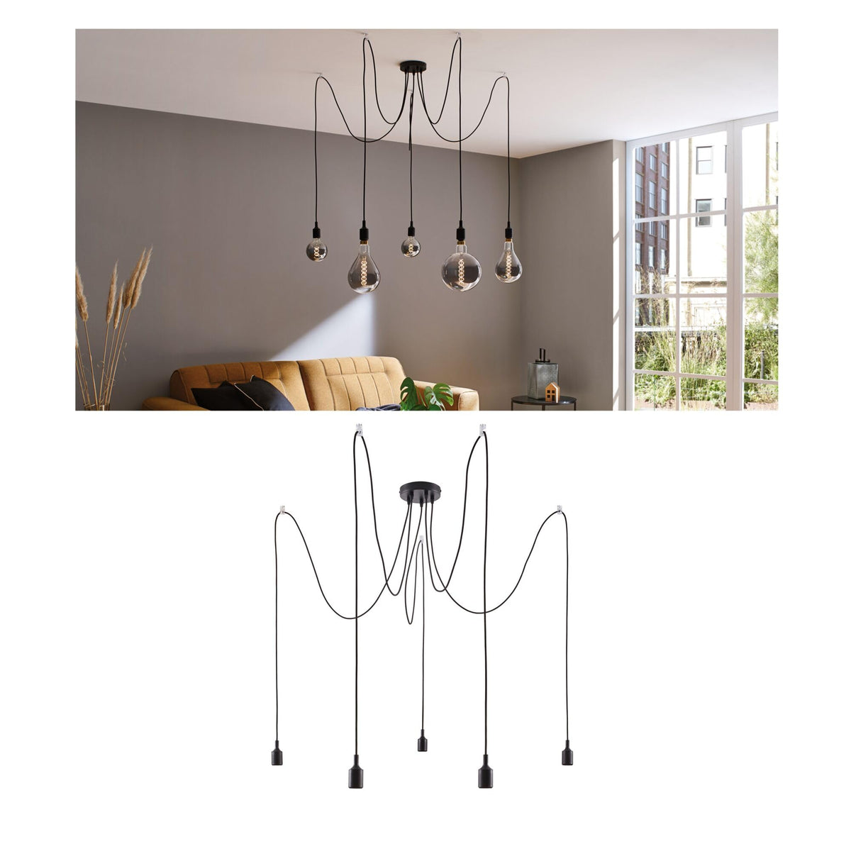 Paulmann 50389 Ketil Neordic Pendant luminaire 5-lamp Sputnik max. 5x20 watts Pendant lamp Black Ceiling lamp Silicone, Metal Pendant luminaire E27