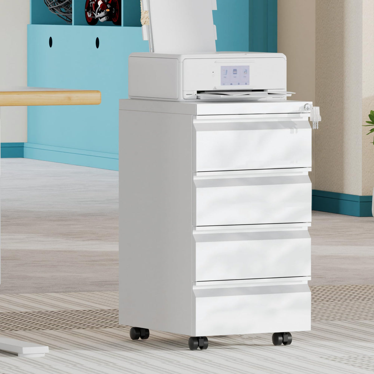 HOMSTEEL 4 Drawers File Cabinet, Metal Filing Cabinet with Lock, Mobile File Cabinet, Fully Assembled Except Casters, for Office, Home Office, White