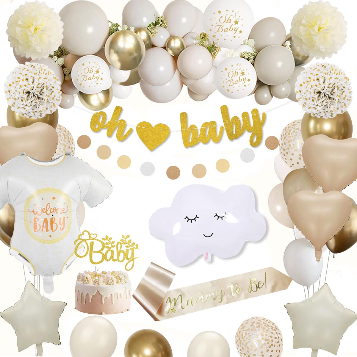 Baby Shower Decorations, Gold Baby Shower Decorations for Boys Girls Gold White Balloons Mummy to Be Sash Cake Topper Banner for Gender Reveal Party