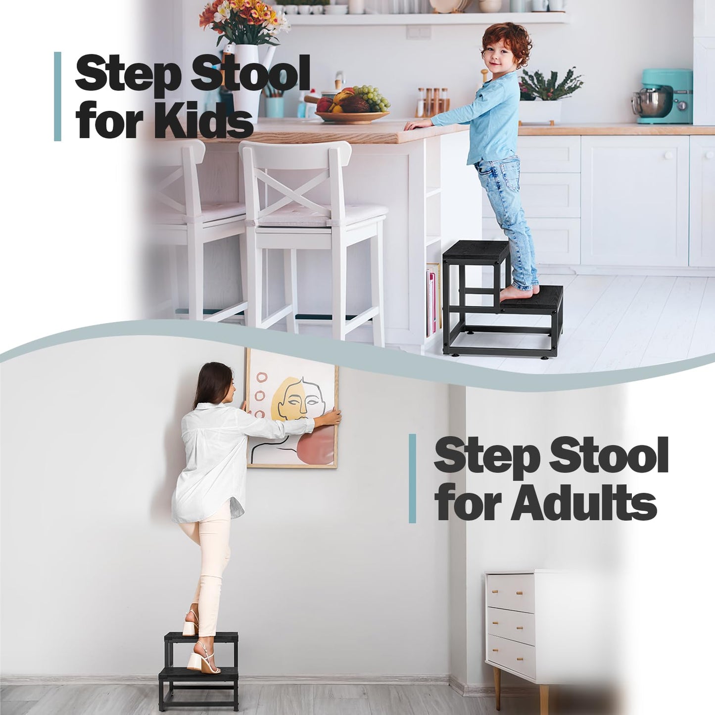 LIANTRAL Step Stool for Adults and Kids, 2 Step Stool, Heavy Duty Steel and Sturdy Wooden Stool, Load Capacity up to 200 kg, Foot Stool for Bed,