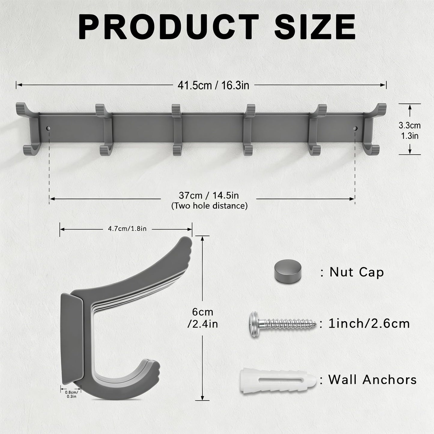 NONETO 2 Pack Coat Hooks Wall Mounted with 6 Movable Coat Rack (Grey)