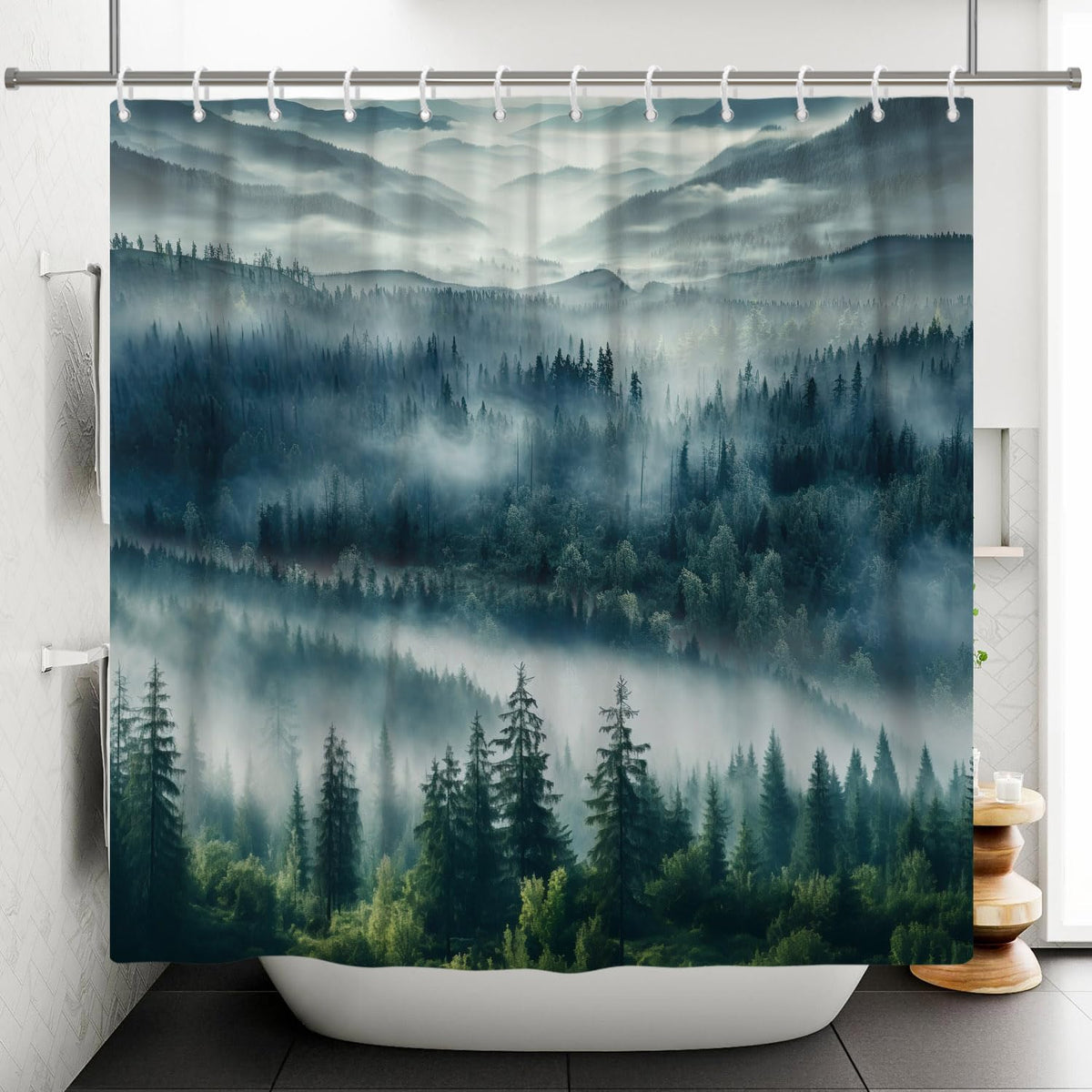 ASDCXZ Forest Shower Curtain 180x200 cm, Natural Landscape Blue Green Fog Forest Jungle Mountain Peak Cloud Washable Shower Curtains Polyester