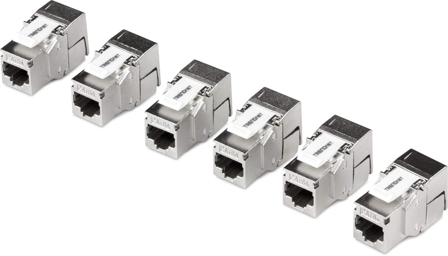 TRENDnet Shielded Cat6A Keystone Jack ? 6-Pack, 180? Angle Termination, Colour-Coded Labelling for T568A & T568B Wiring, TC-K06C6A