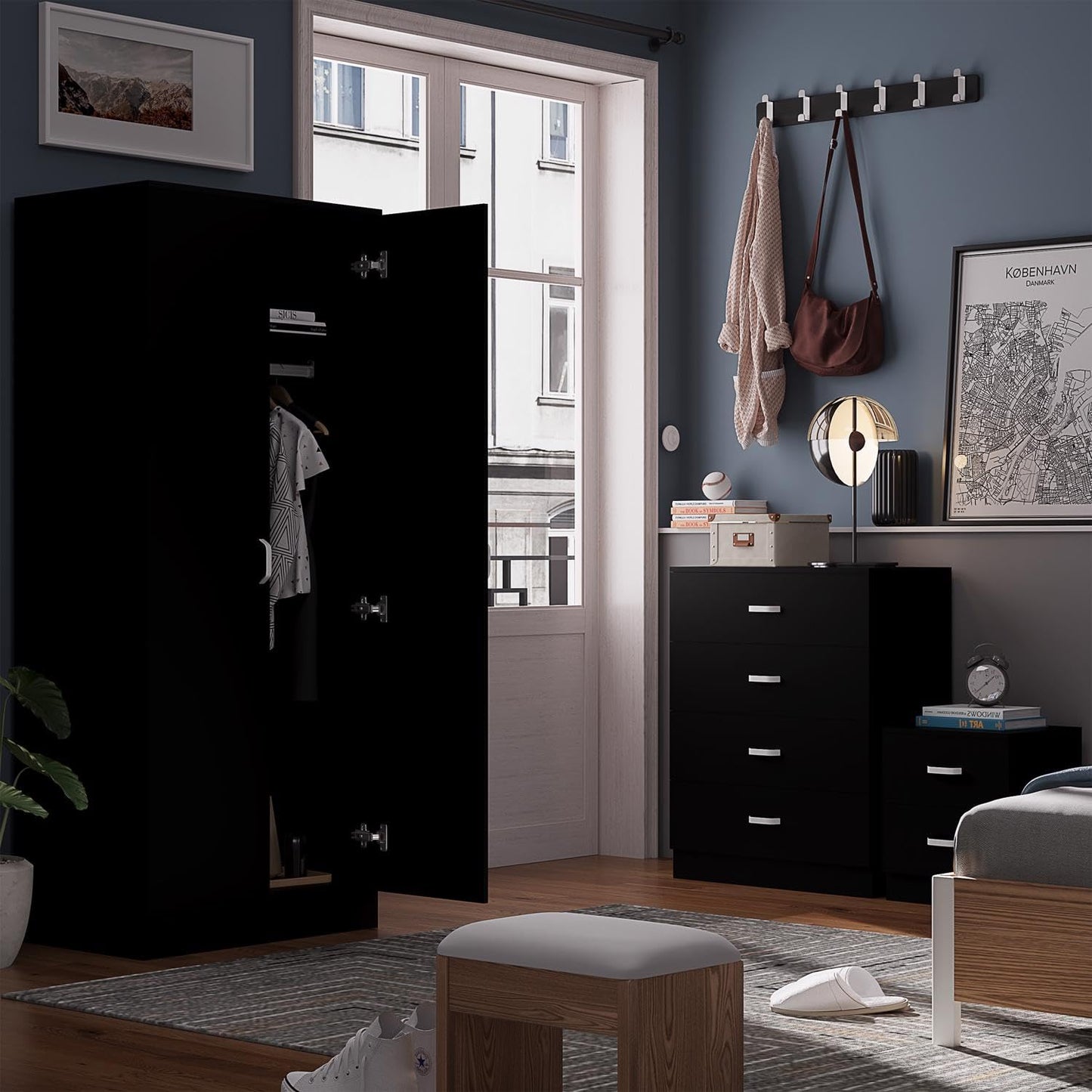 FWStyle Tunis Matt Black 2 Door Wardrobe Metal Handles, Rail & Soft Close Hinges