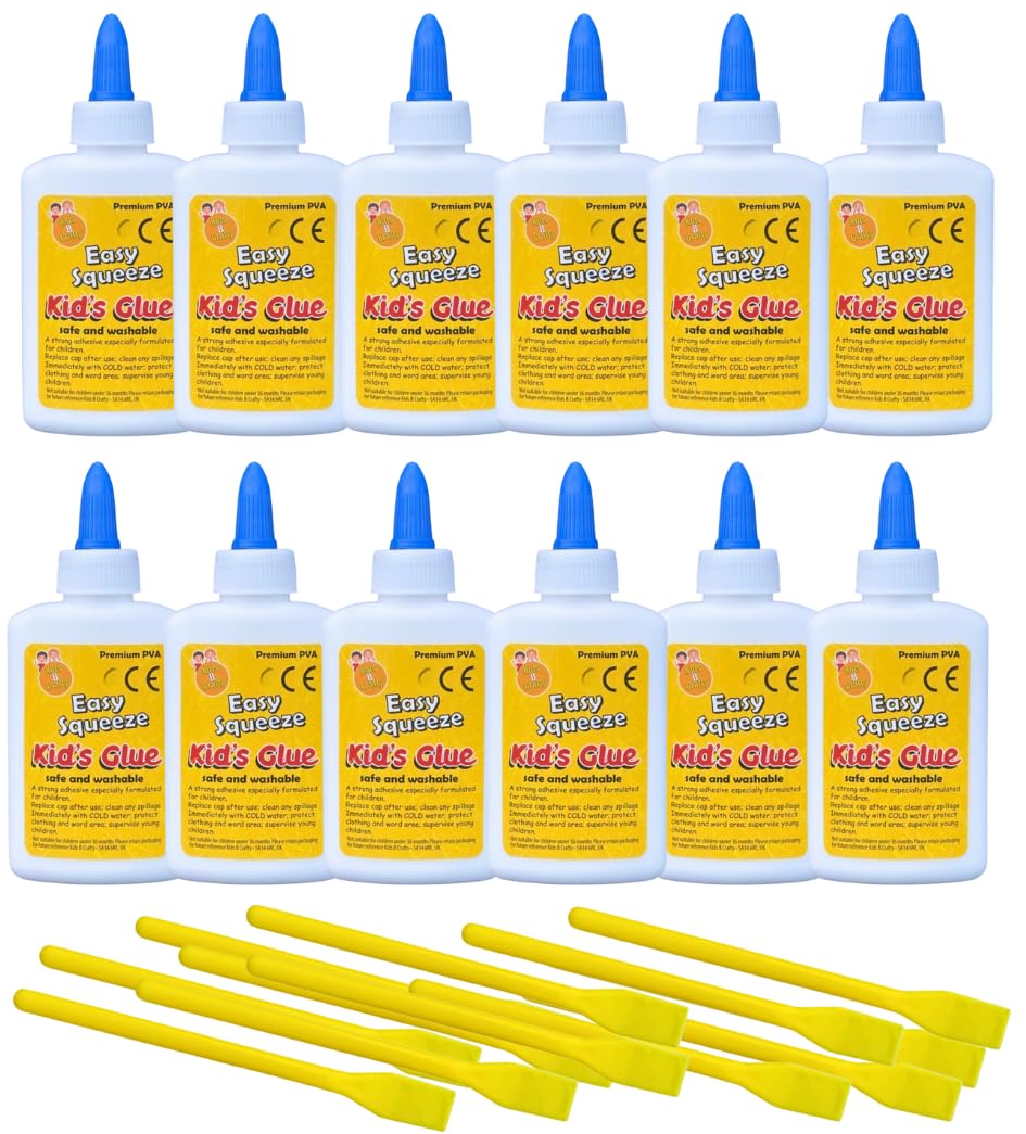 PVA Glue for Crafting & Slime ? Kids Glue and Washable White School Adhesive with 12 Spreaders ? 12 ? 50ml Bottles ? Kids B Crafty