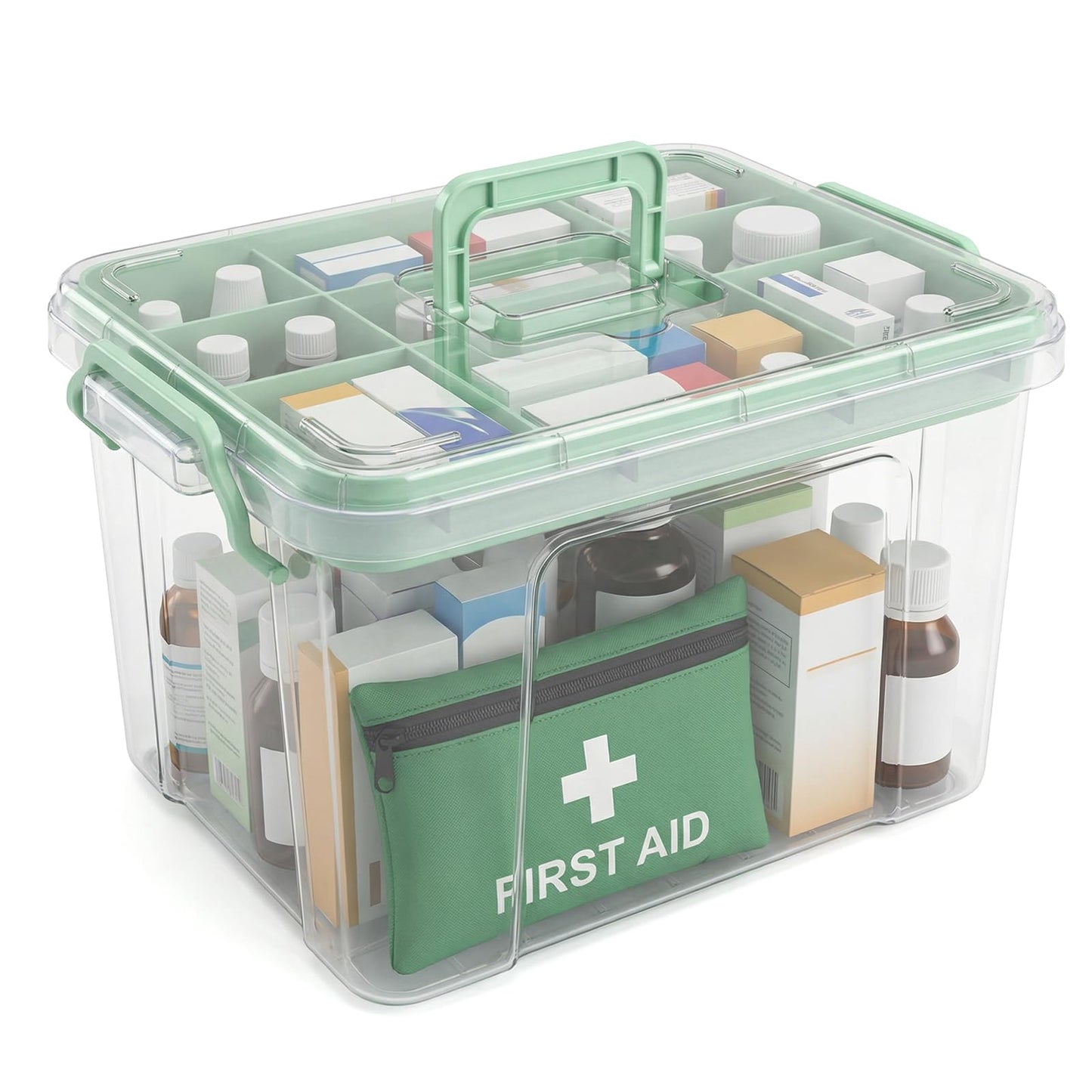 Stidyzo Medicine Storage Box, 2-Layer Medicine Organiser with Lid, Green