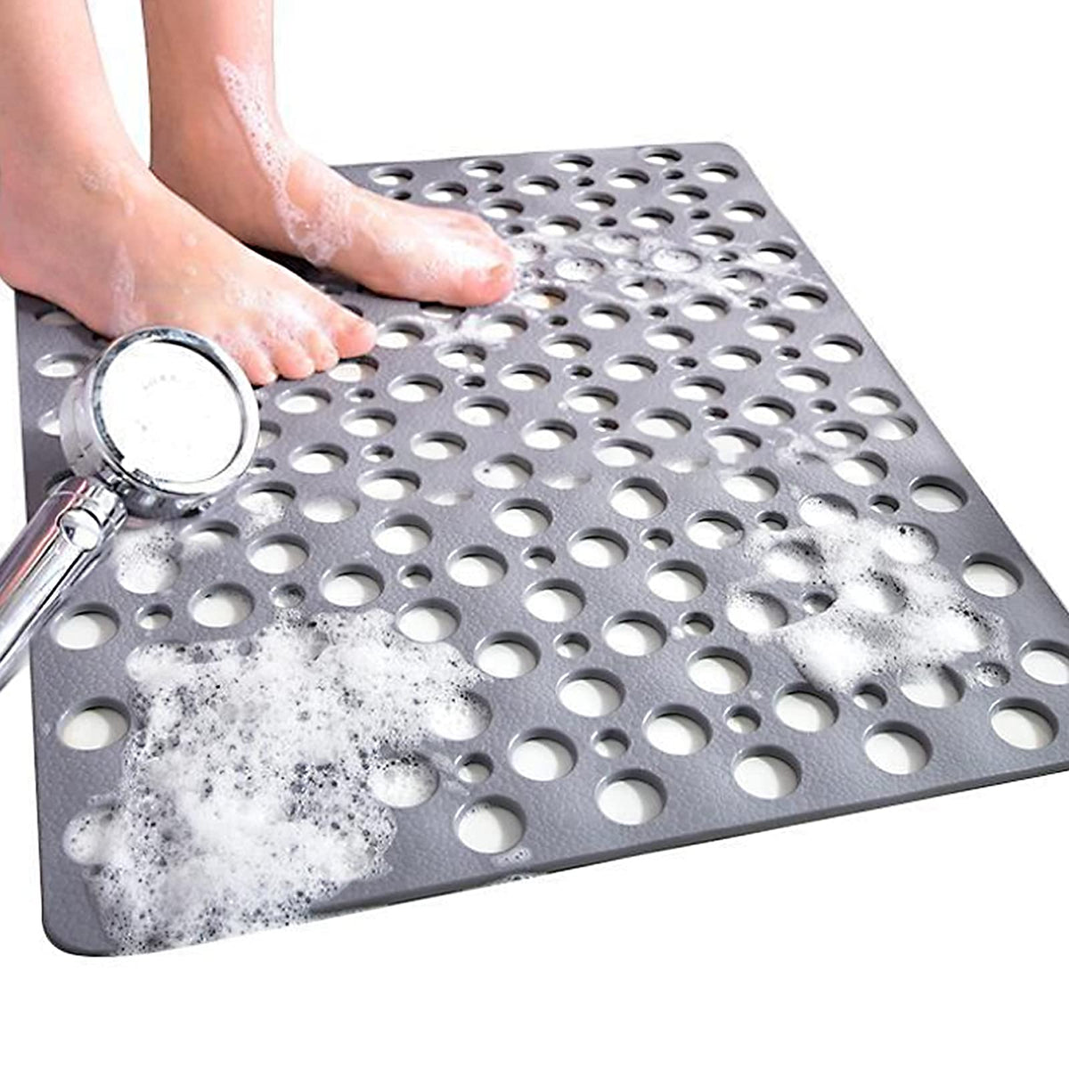 Venuso Square Shower Mats Non Slip Anti Mould, 43 x 75 cm Rubber Anti Slip Bath Mat with Drain Holes, Machine Washable, Grey
