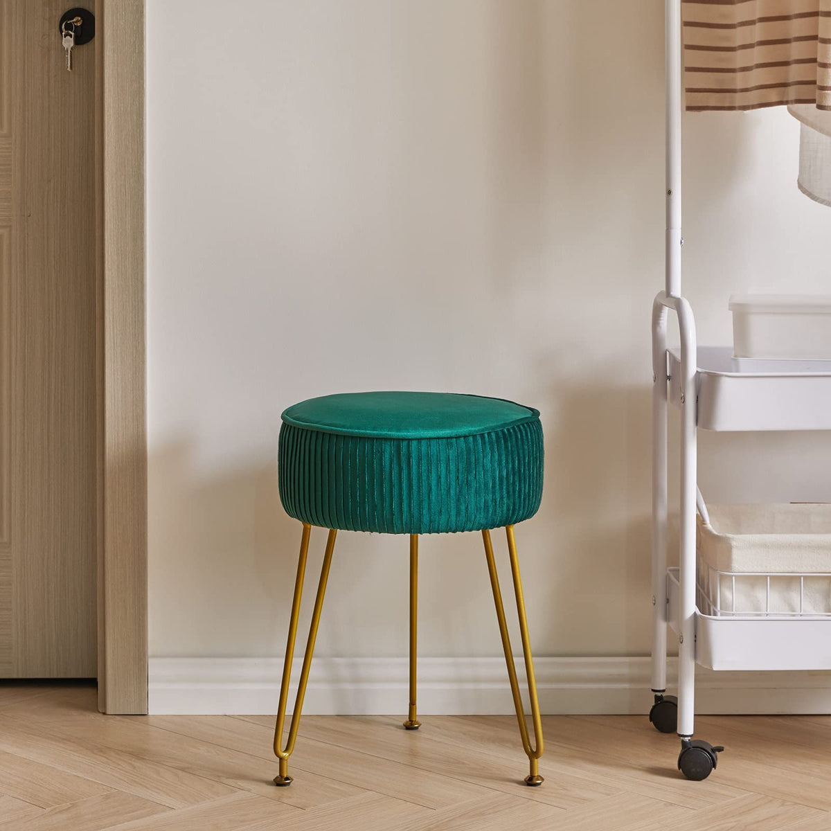 IBUYKE Makeup Vanity Stool, Velvet Round Footrest Ottoman, Green L/G-30L