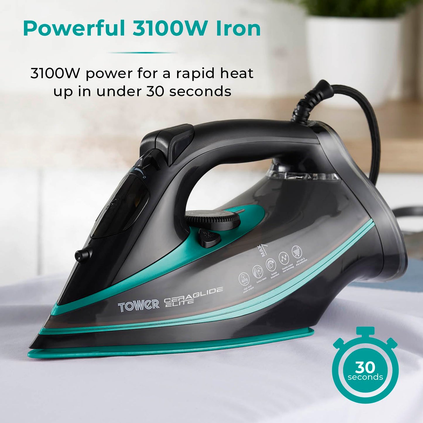 Tower CeraGlide T22013TL Ultra Speed Iron with Ceramic Soleplate Variable Steam Function, 3100W, Black & Teal