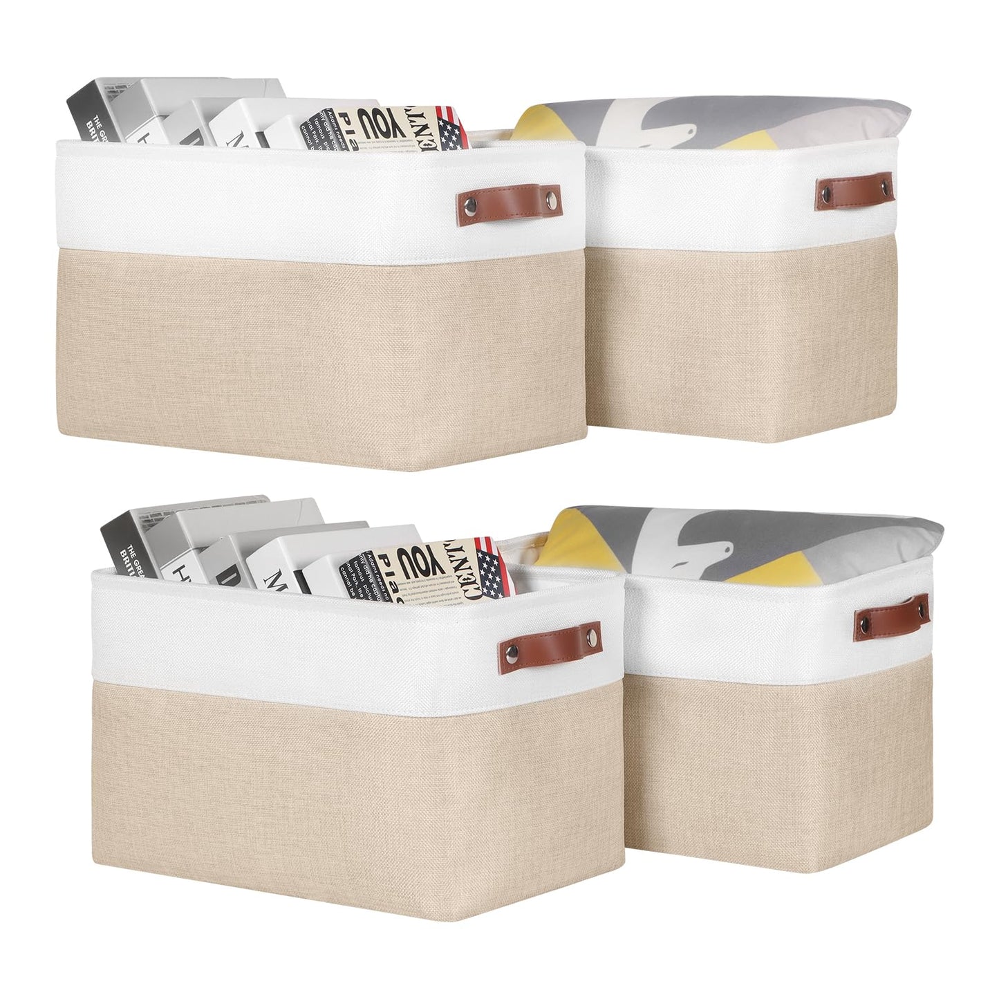 Syeeiex Fabric Storage Basket [4-Pack], Large Baskets with Leather Handles, Storage Boxes for Shelves, Foldable Baskets for Organizing Toys, Clothes