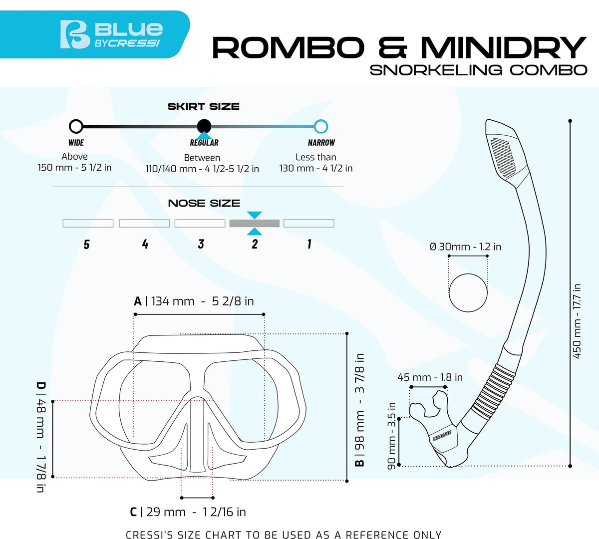 CRESSI Rombo + Mini Dry Combo Azure Clear/Azure - Junior Combo Set, Mask Rombo and Mini Dry Snorkel, Transparent/Azure, One Size