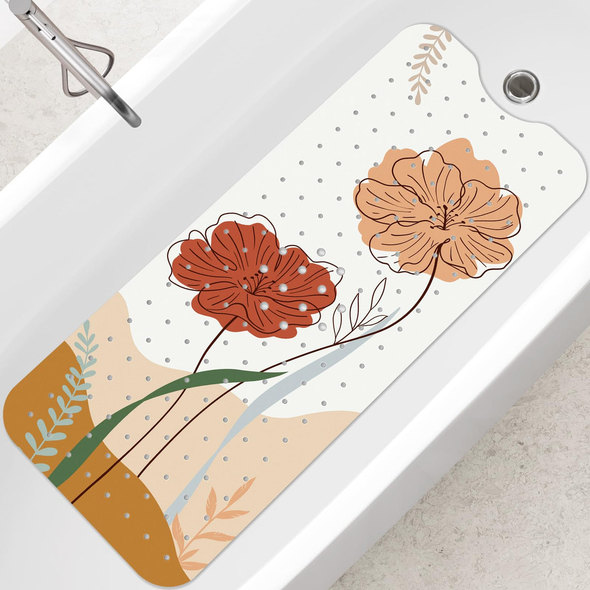 SHUCHING Boho Flowers Bath Mat Non Slip Anti Mould, 100 X 40 cm Extra Long Bathtub Mat Anti Slip, Shower Mat Non Slip Anti Mould for Bathroom Machine