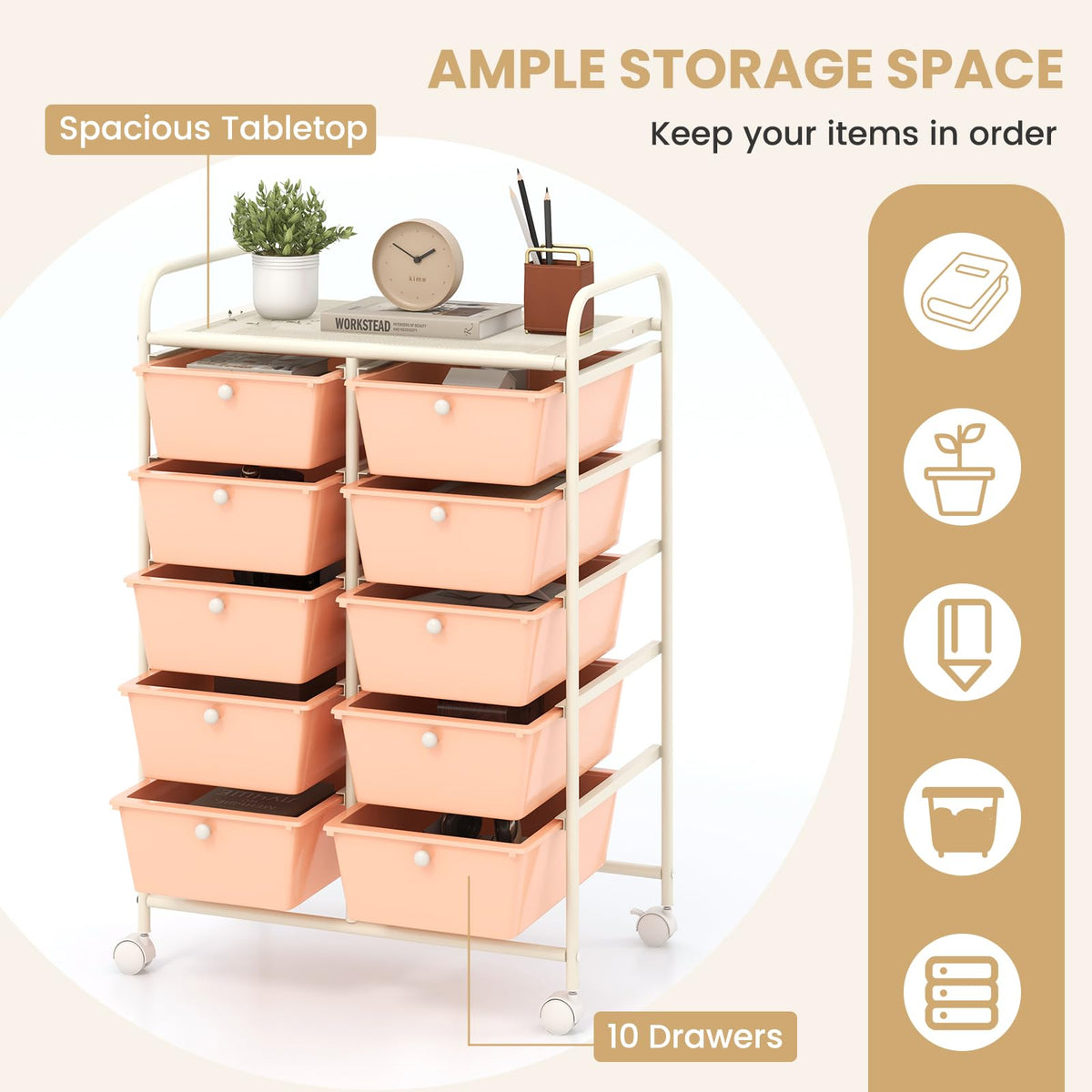 GiantexUK 10 Drawers Storage Cart, Mobile Rolling Storage Trolley with 4 Lockable Wheels & Handles