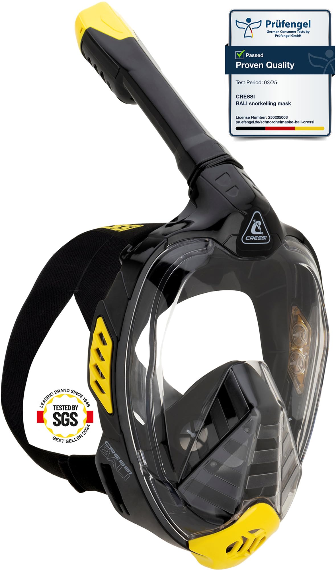 CRESSI Bali Full Face Mask Black/Yellow S/M - Unisex Integral Snorkel Mask, Anti Fog Clear Lens, 100% Silicone, Dry Snorkel with Float Valve, Action