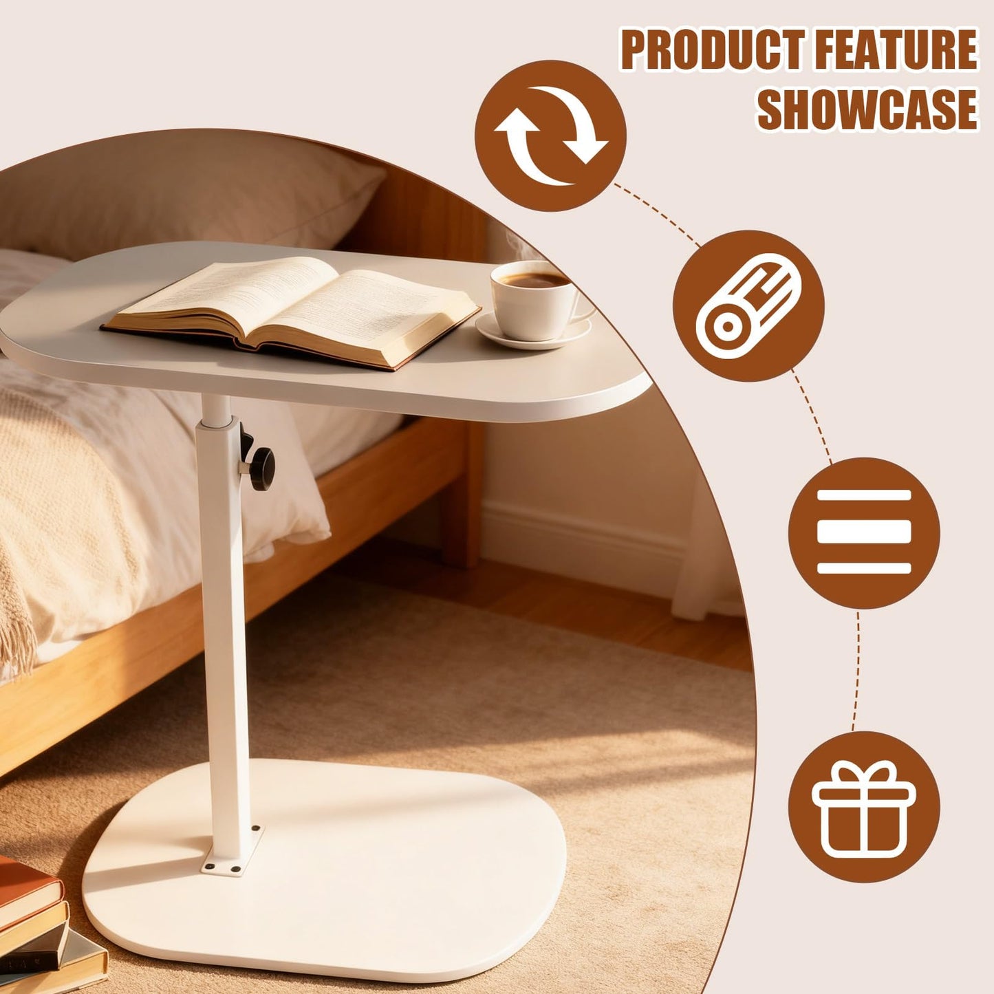 YASHIIN Adjustable C Shaped Side Table with 360 Degree Rotating Top, White Under Bed Table for Living Room, Sofa Bedside Table