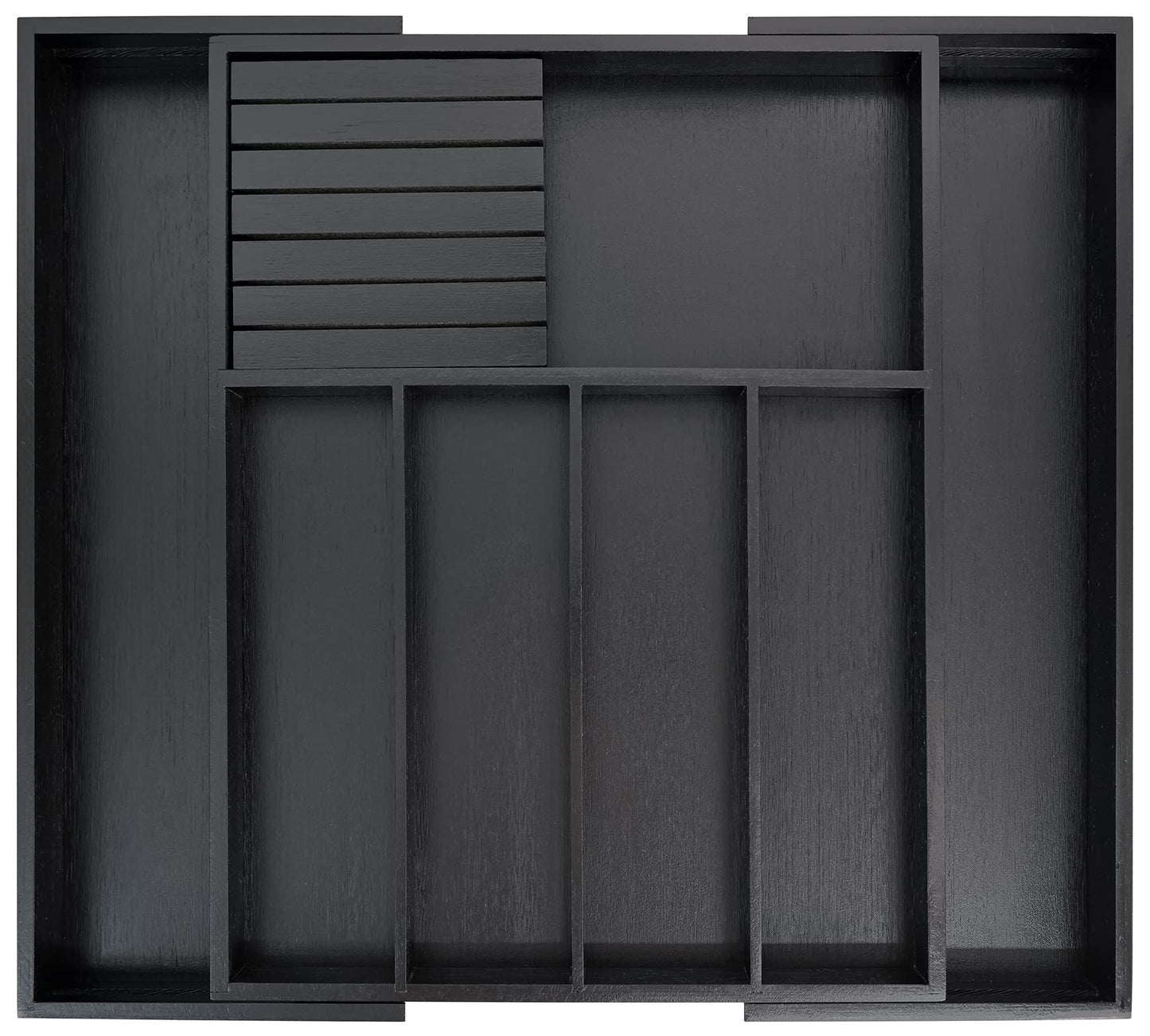 VaeFae Bamboo Silverware Drawer Organizer Kitchen, Expandable Utensil Holder and Cutlery Tray with Divider | 13"-21.6" Flatware Storage (Black)