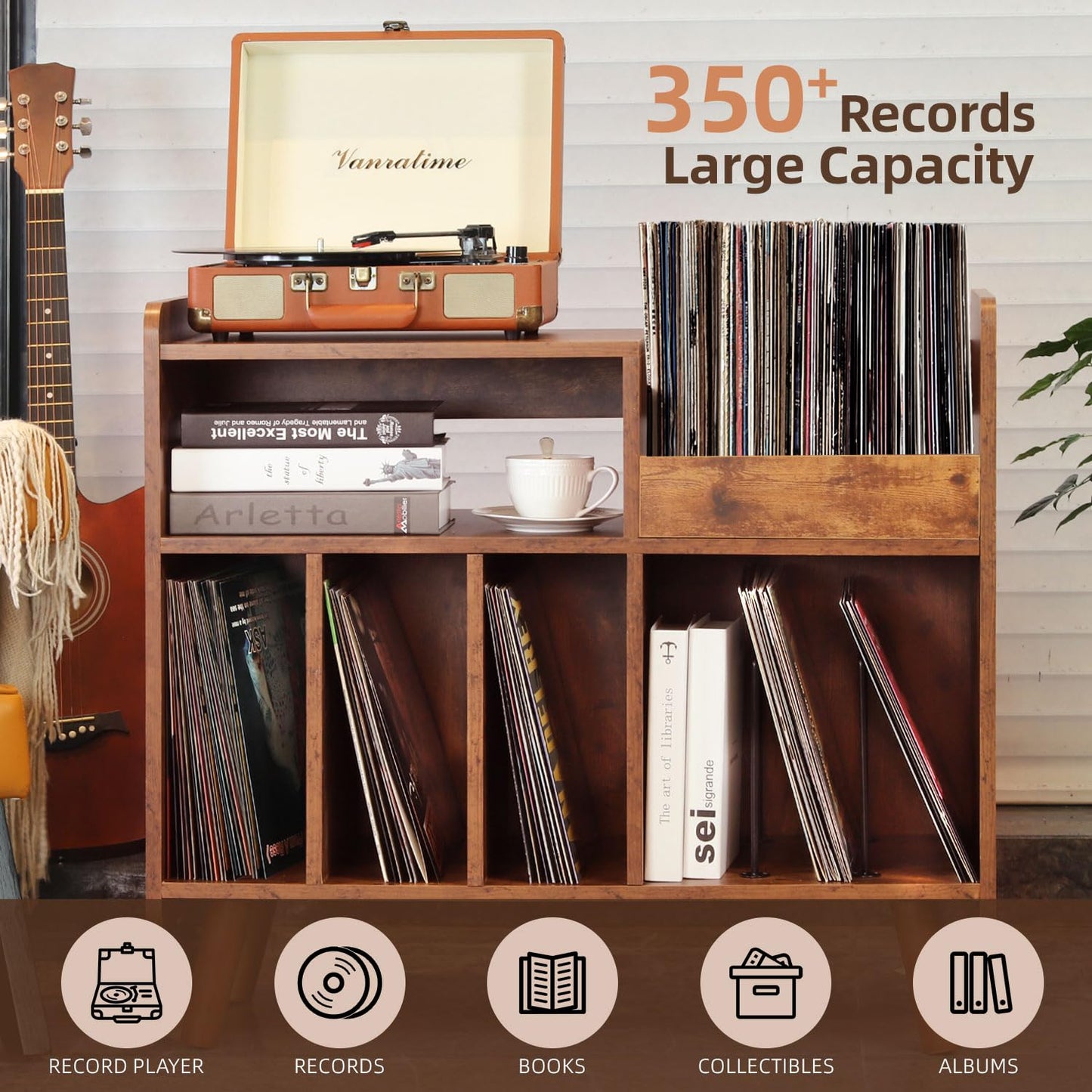 UODERS Record Player Stand, Large Record Player Table Cabinet with Open Vinyl Storage and Display Shelf Holds up to 350 Albums