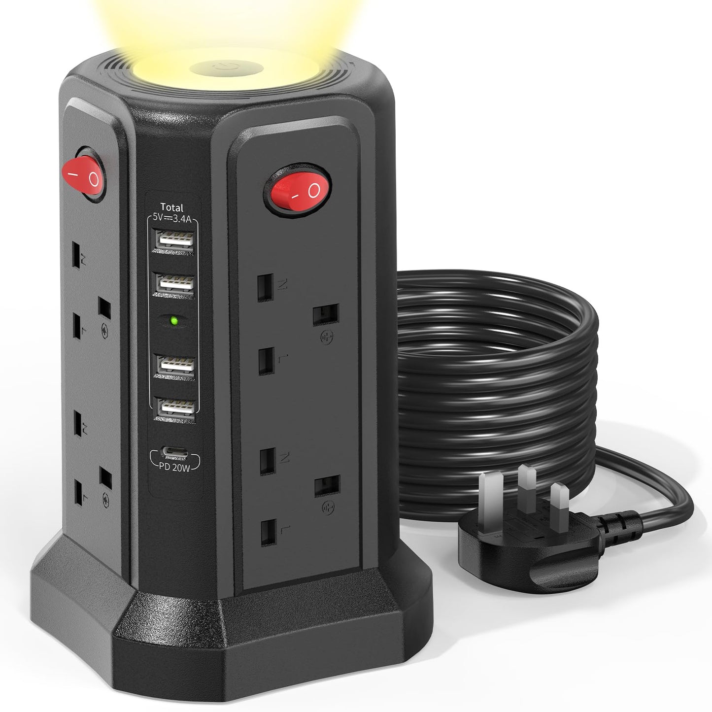 Tower Extension Lead with USB Slots 3M, 20W Fast Charger with Night Light, (13A 3250W)5 USB Ports & 8 Way, Surge Protected Extension Lead with 4