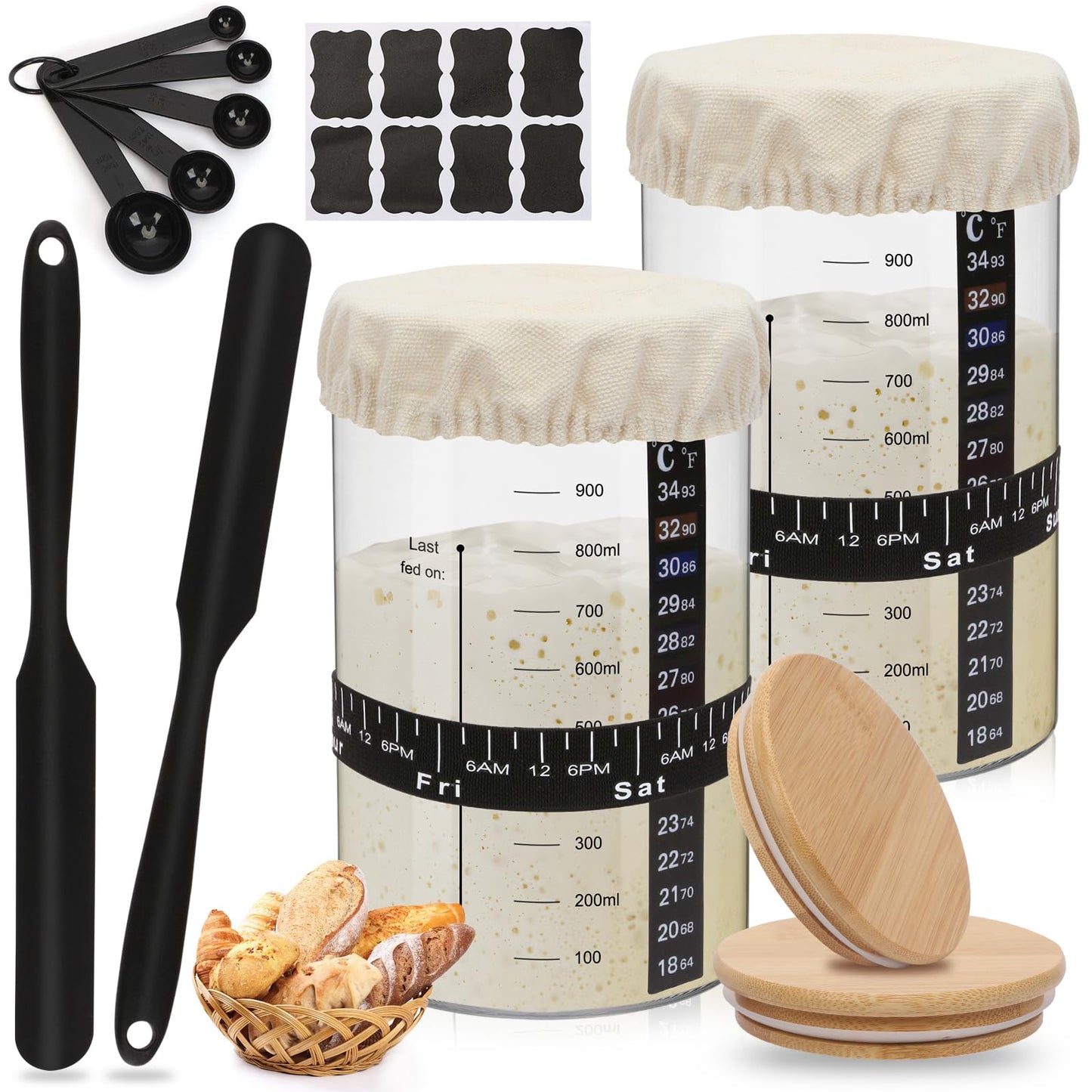 ZgoEC 18pcs Sourdough Starter Jar, 1Lx2 Glass Sourdough Starter Kit with Wooden Lid, Sourdough Starter Set with Date Feeding Band, Cloth Cover,