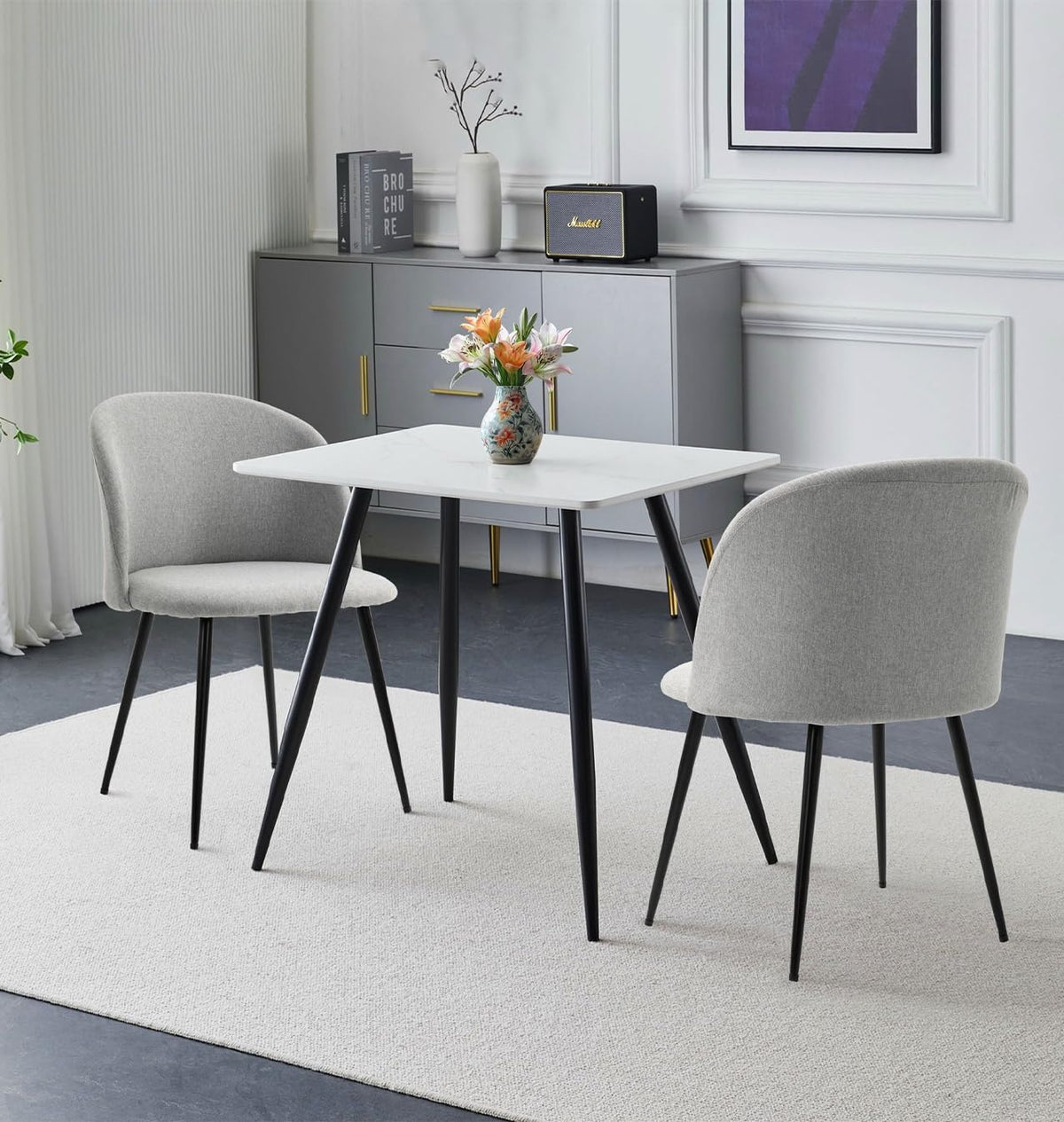 Hallowood Furniture Cullompton Small Dining Table and 2 Chairs Set, Faux Marble White Table and Chairs in Curved Back Light Grey Fabric Upholstery,