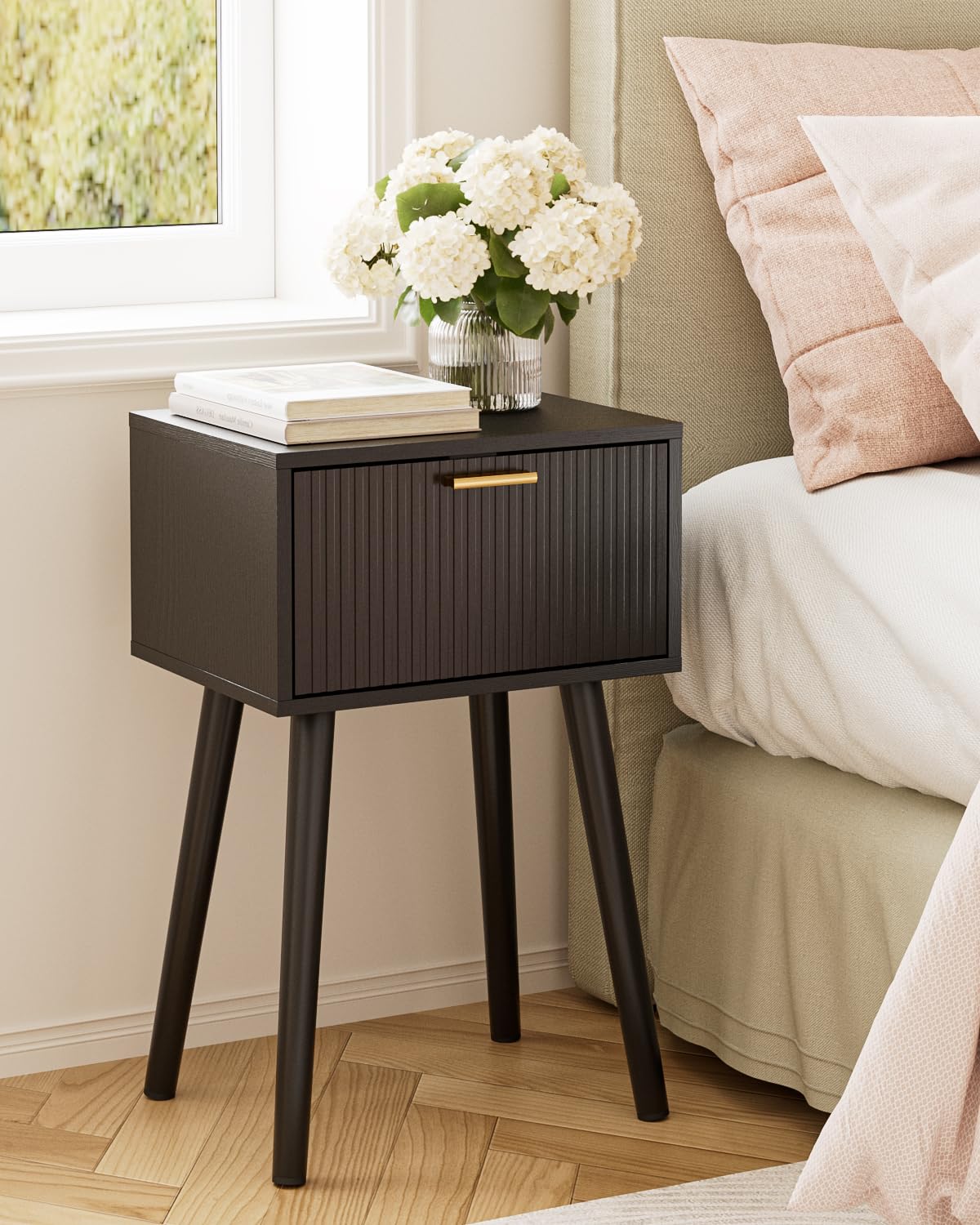 Apetaccat Bedside Table, Side Table with Drawer and Long Wooden Leg, Black