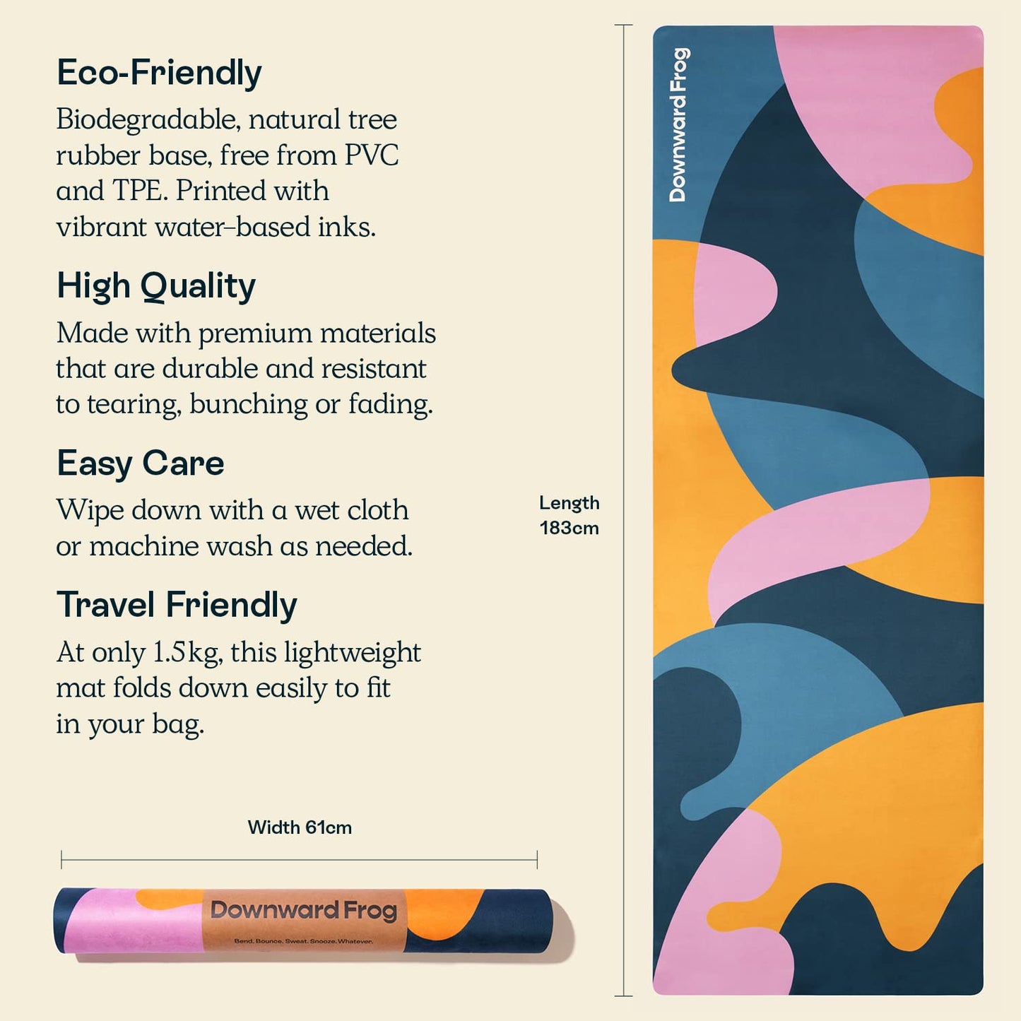 Downward Frog Printed Yoga Mat for Bikram, Hot Yoga, Fitness & Pilates - Light, Foldable, Travel Mat - Eco Natural Rubber, Vegan, Microfibre Towel