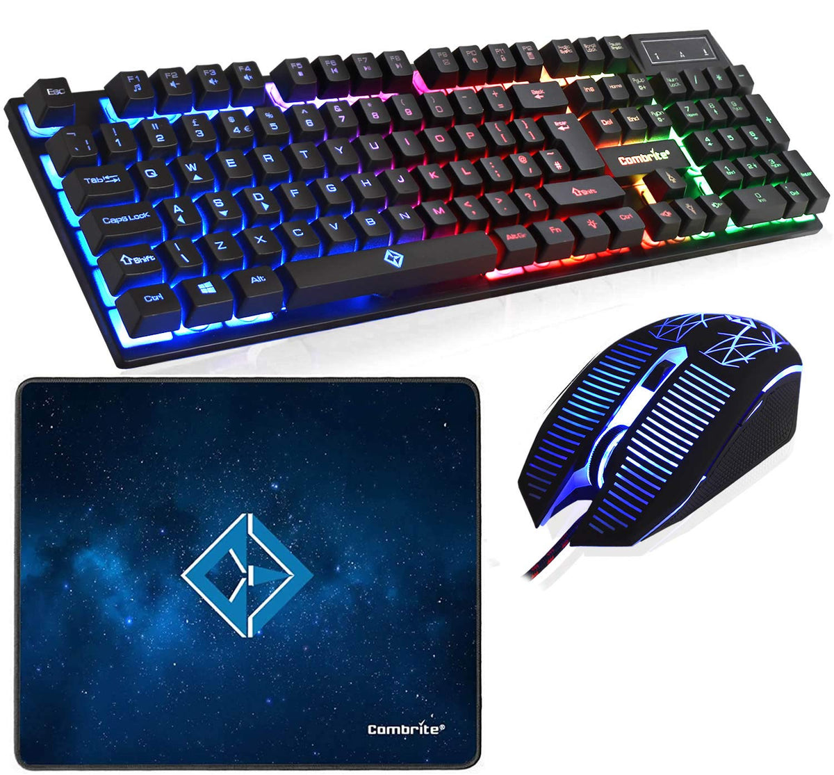 Combrite Raptor Gaming Keyboard And Mouse Set With Large Mouse Pad, Rainbow LED, USB Wired Desktop Combo, UK Layout, For Desktop PC, Laptop, PS4, PS5,