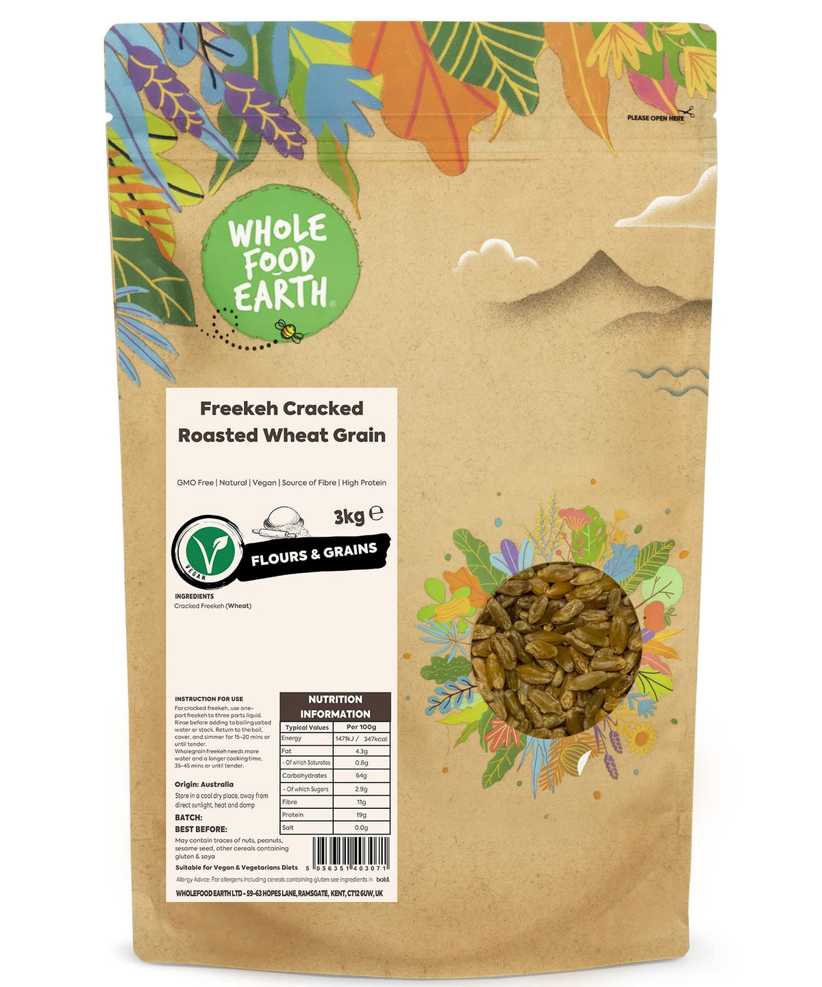 Whole Food Earth? - Freekeh Cracked Roasted Wheat Grain 3 kg | GMO Free | Natural | Source of Fibre | High Protein