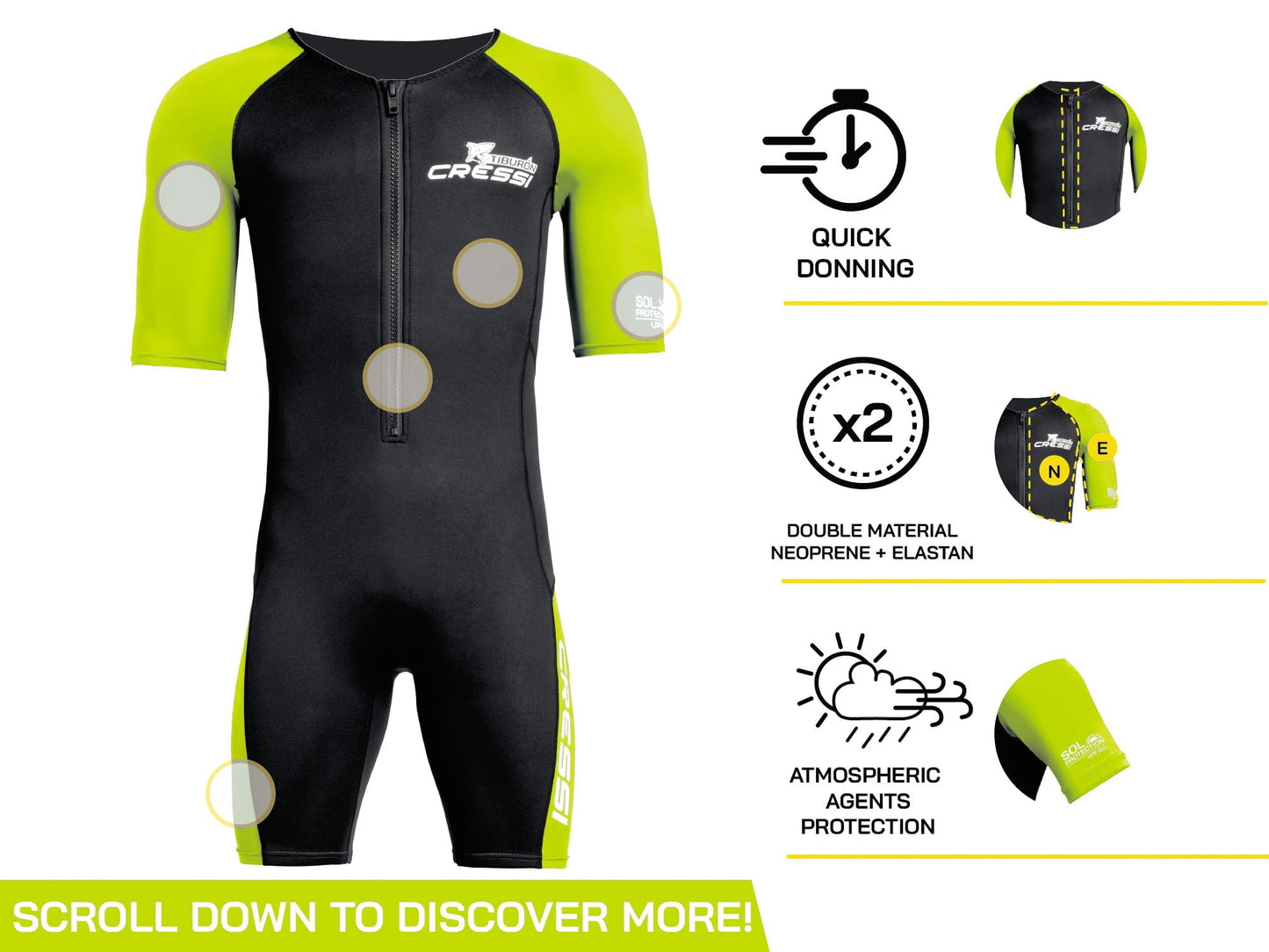 CRESSI Tiburon Man Shorty Wetsuit Black/Fluo Lime 2mm S/2 - Men's 2mm Neoprene and Elastane Shorty Wetsuit, YKK Front Zip, Black/Fluo Lime, S/2