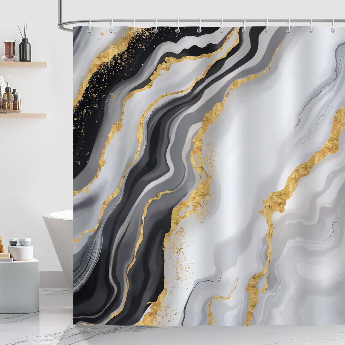 COZZSNUGE Black Marble Shower Curtain, Black Grey Gold Abstract Modern Bathroom Curtain 183 x 183 cm, Water Repellent Mildew Resistant Polyester with