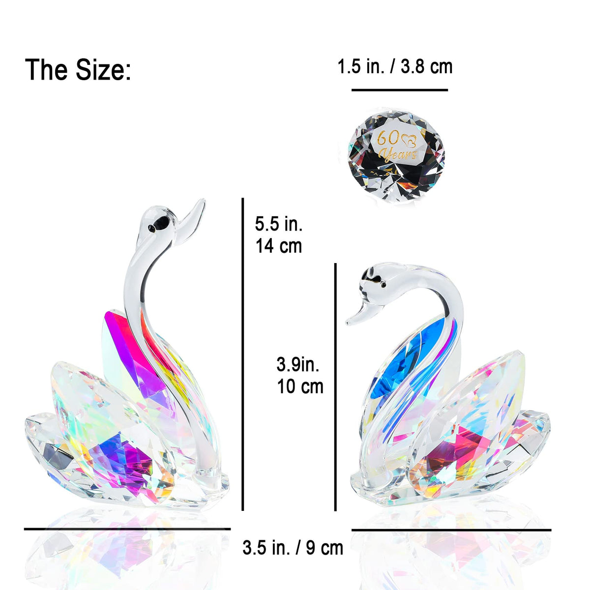 Set of 2 Crystal Colorful Swans 60th Wedding Anniversary Diamond Gifts for Couples, 60 Years Marriage Glass Figurines Collectibles 60th Anniversary