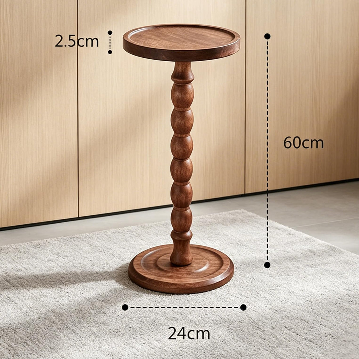 Perclyzm Solid Oak Wood Round Side Table, Rustic Brown Tall Pedestal Drinks Table, Dark Walnut Finish, Tray Top for Living Room, Sofa, Bedroom