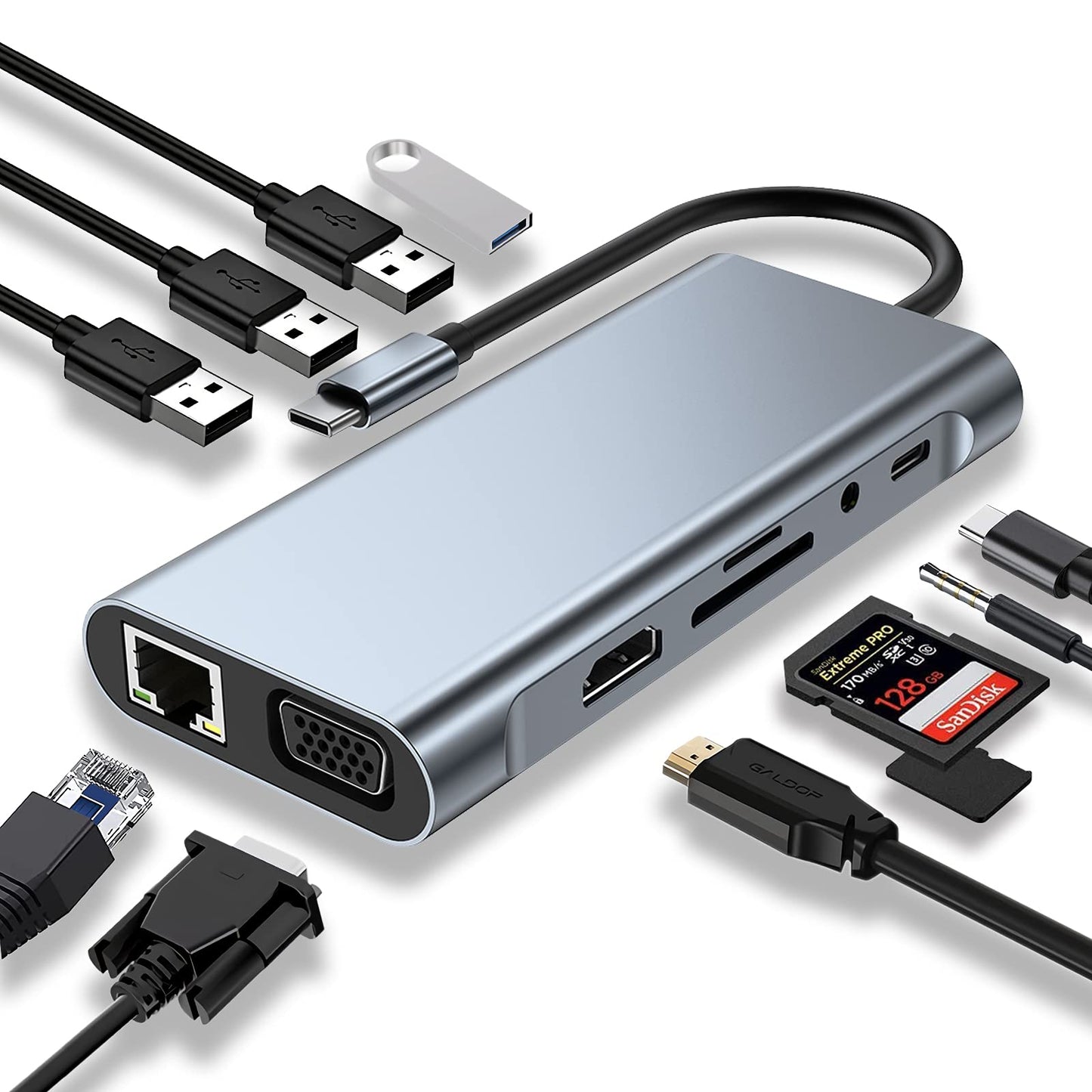 USB C HUB, Docking Station, 11-in-1 USB C Adapter with 4K-HDMI, VGA, USB 3.0 port, Type C PD, RJ45 Ethernet, SD/TF Card Reader, 3.5mm AUX, Compatible