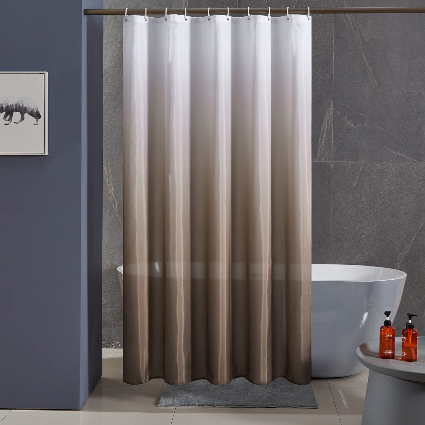 Furlinic Shower Curtain Mould Proof Polyester Fabric Wetroom Bath Curtains Waterproof Machine Washable with 12 Hooks for Bathroom White to Brown 72x72