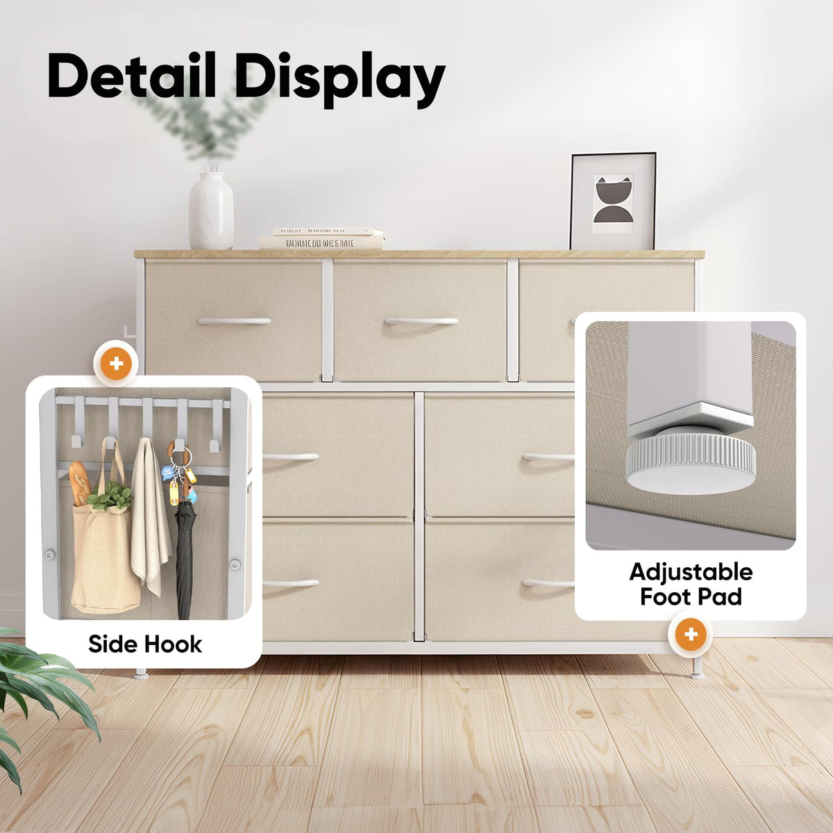 MAXLEAD Fabric Chest of Drawer with 7 Drawers, Home Storage Cabinet with Metal Frame & Wood Top, Large Capacity Dresser for Bedroom, Living Room