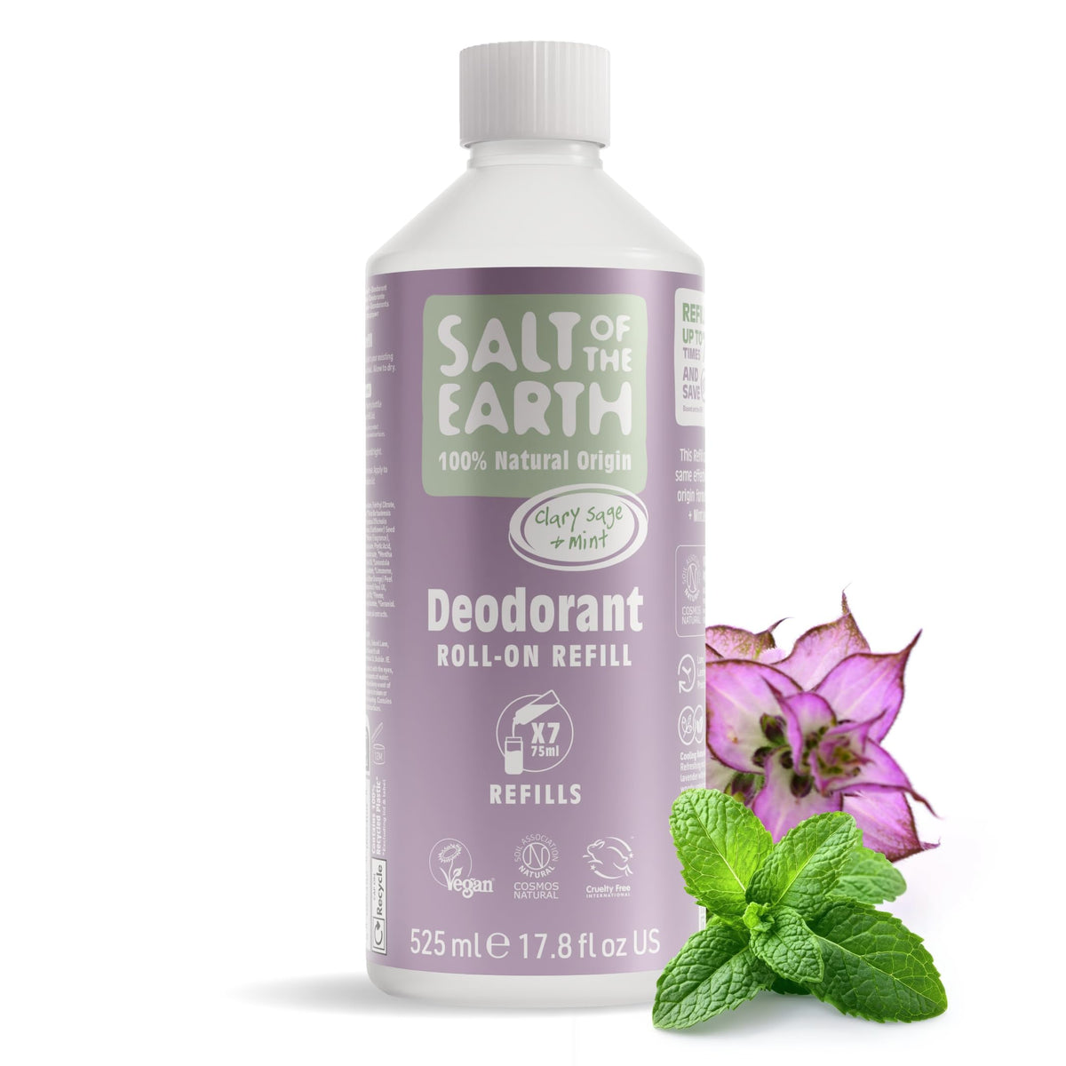 Salt of the Earth - Natural Deodorant Roll on Refill - x7 Uses - Clary Sage & Mint -100% Natural Origin Ingredients - Vegan - Suitable for Men, Women