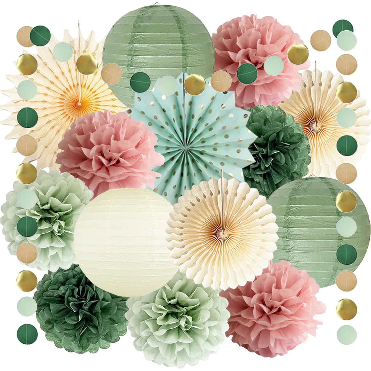 Sage Green and Dusty Pink Party Decorations Green & Pink Party Decor Sage Tissue Pom Poms Paper Lanterns Beige Paper Fans for Women Girls Birthday
