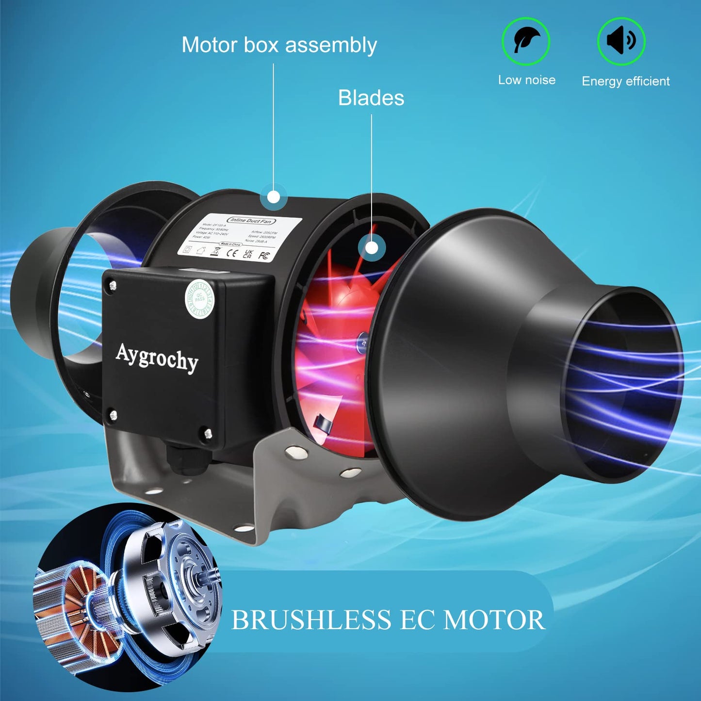 Aygrochy Quiet 4 Inch Inline Fan with Variable Speed Controller, Using for Heating Cooling Booster, Grow Tents, Hydroponics,Home use Ventilation and