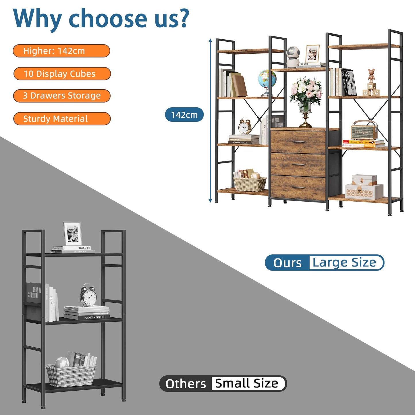 OYRREU 4-Tier Bookcase with Drawers, 150cm Wide Rustic Brown Shelving Unit