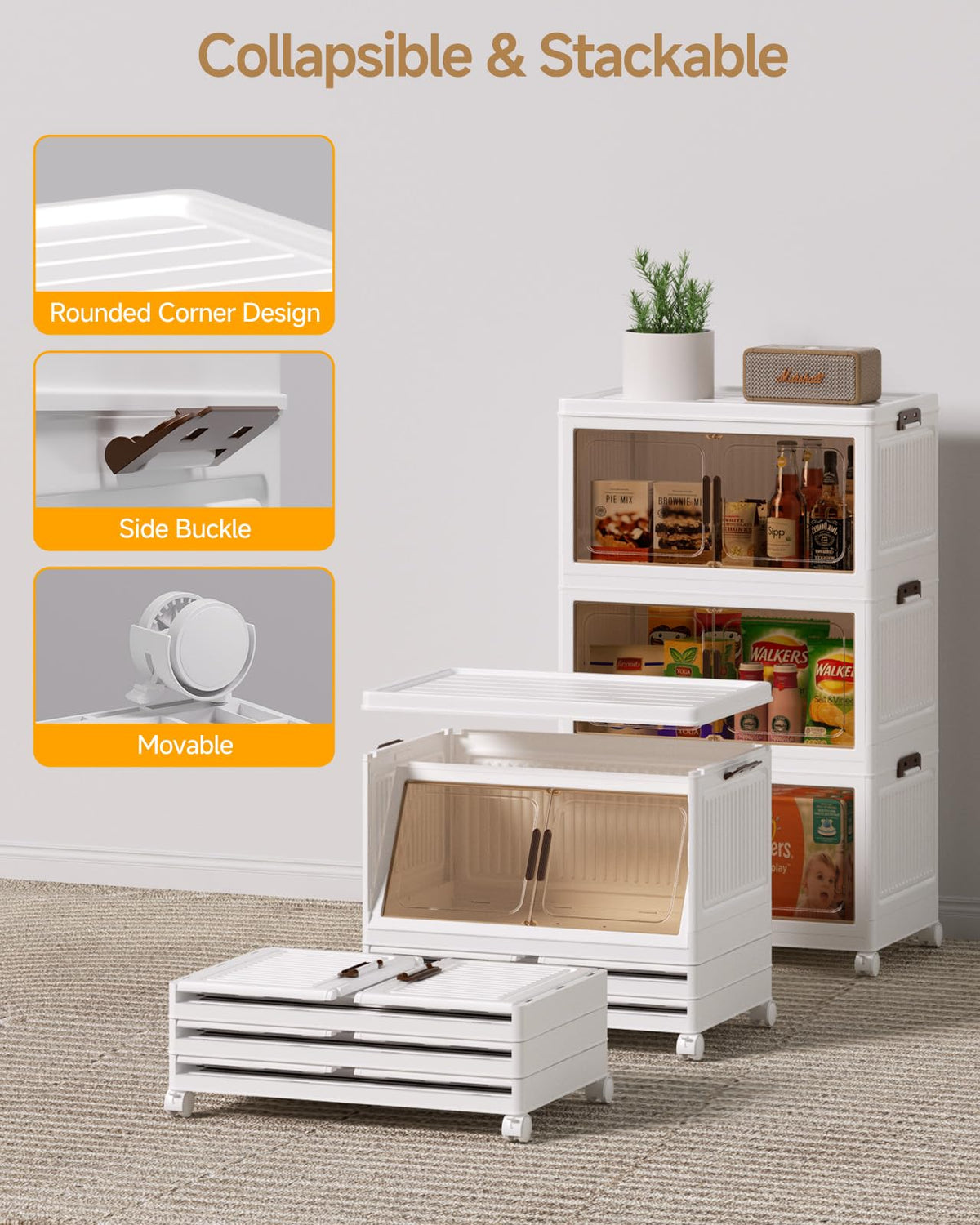 Asnews 3-Tier Storage Boxes with Lid, 26L Stackable Storage Bins with Wheels and Doors